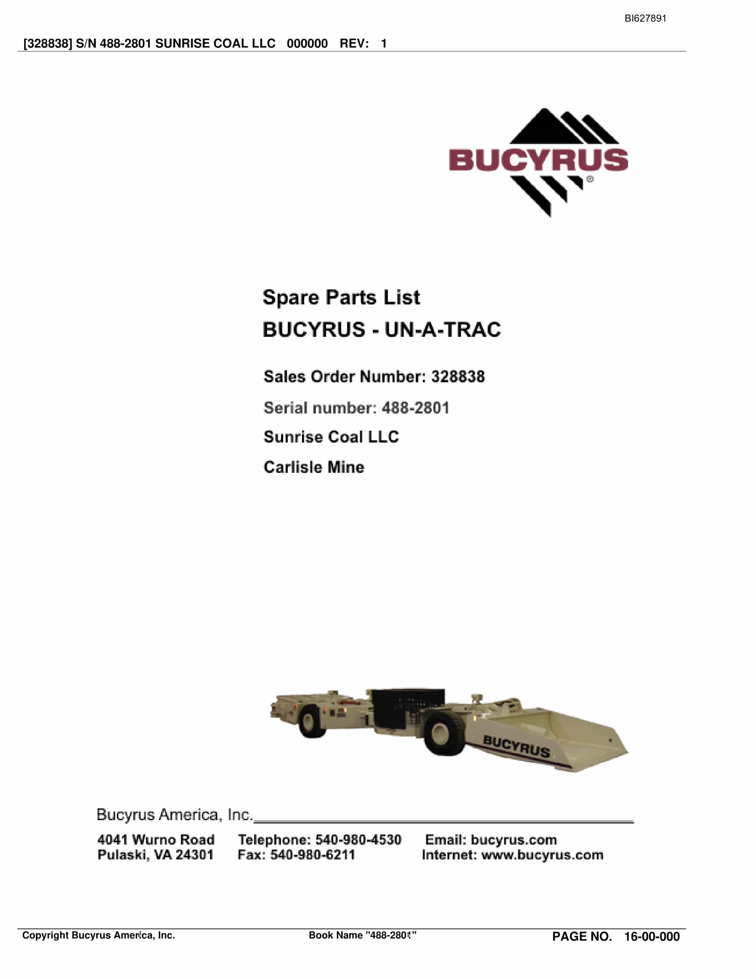 Bucyrus 488-2801 UN-A-TRAC Spare Parts List BI627891