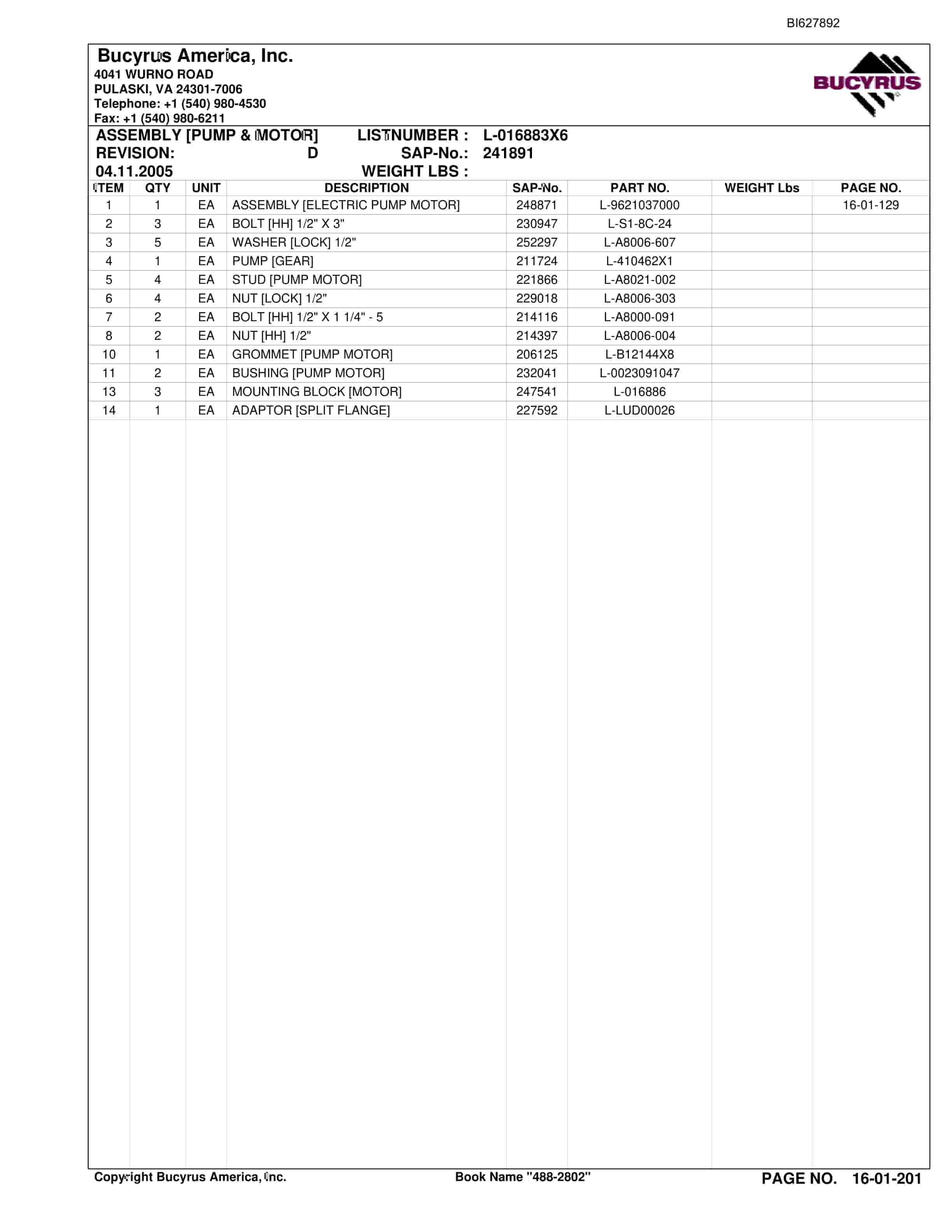 Bucyrus 488-2802 UN-A-TRAC Spare Parts List BI627892-3