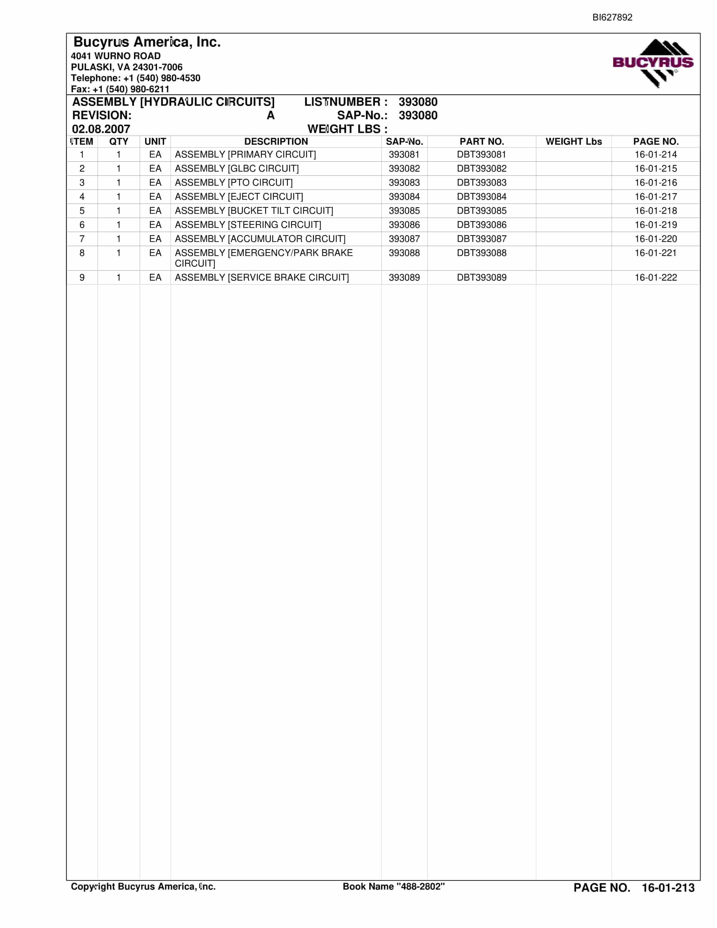 Bucyrus 488-2802 UN-A-TRAC Spare Parts List BI627892-4