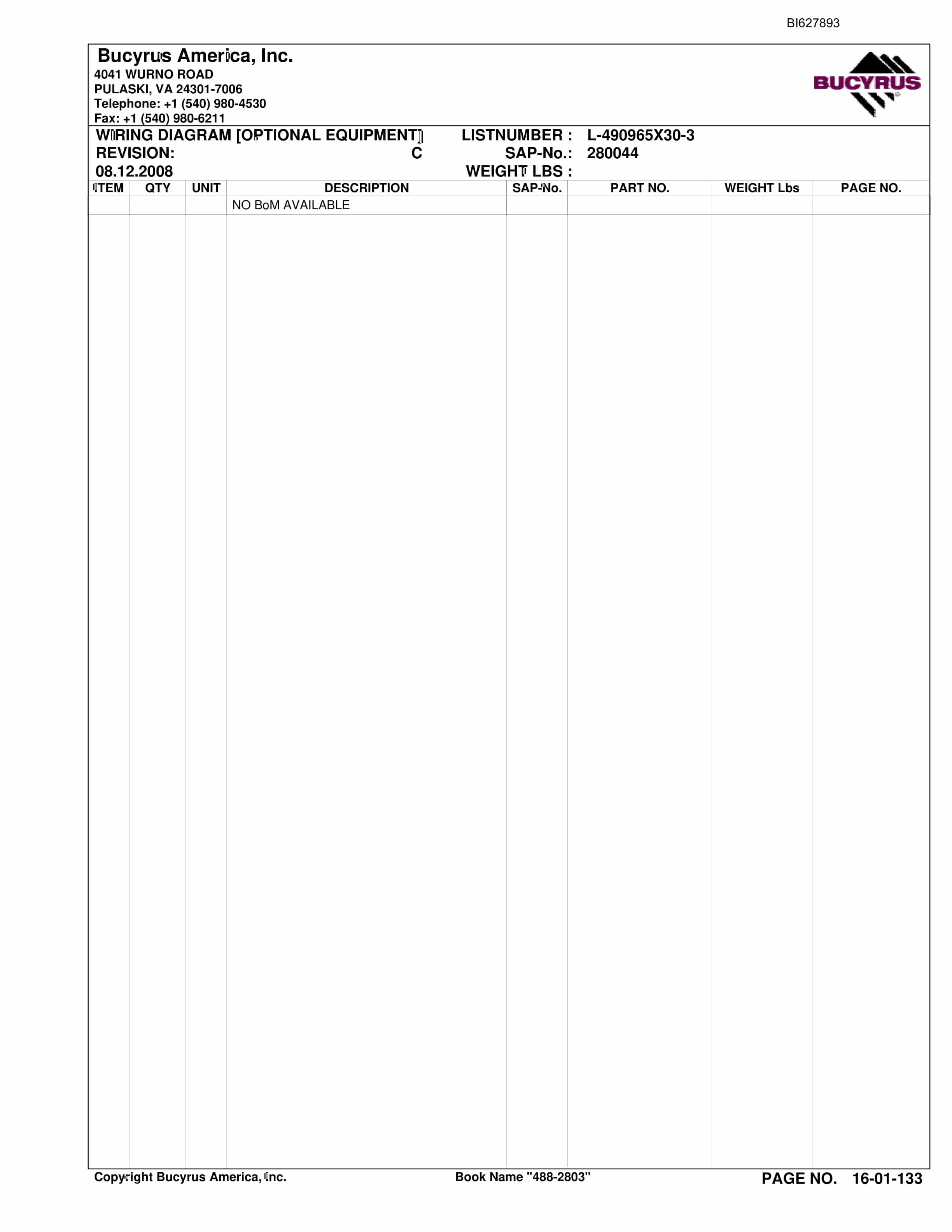 Bucyrus 488-2803 UN-A-TRAC Spare Parts List BI627893-3