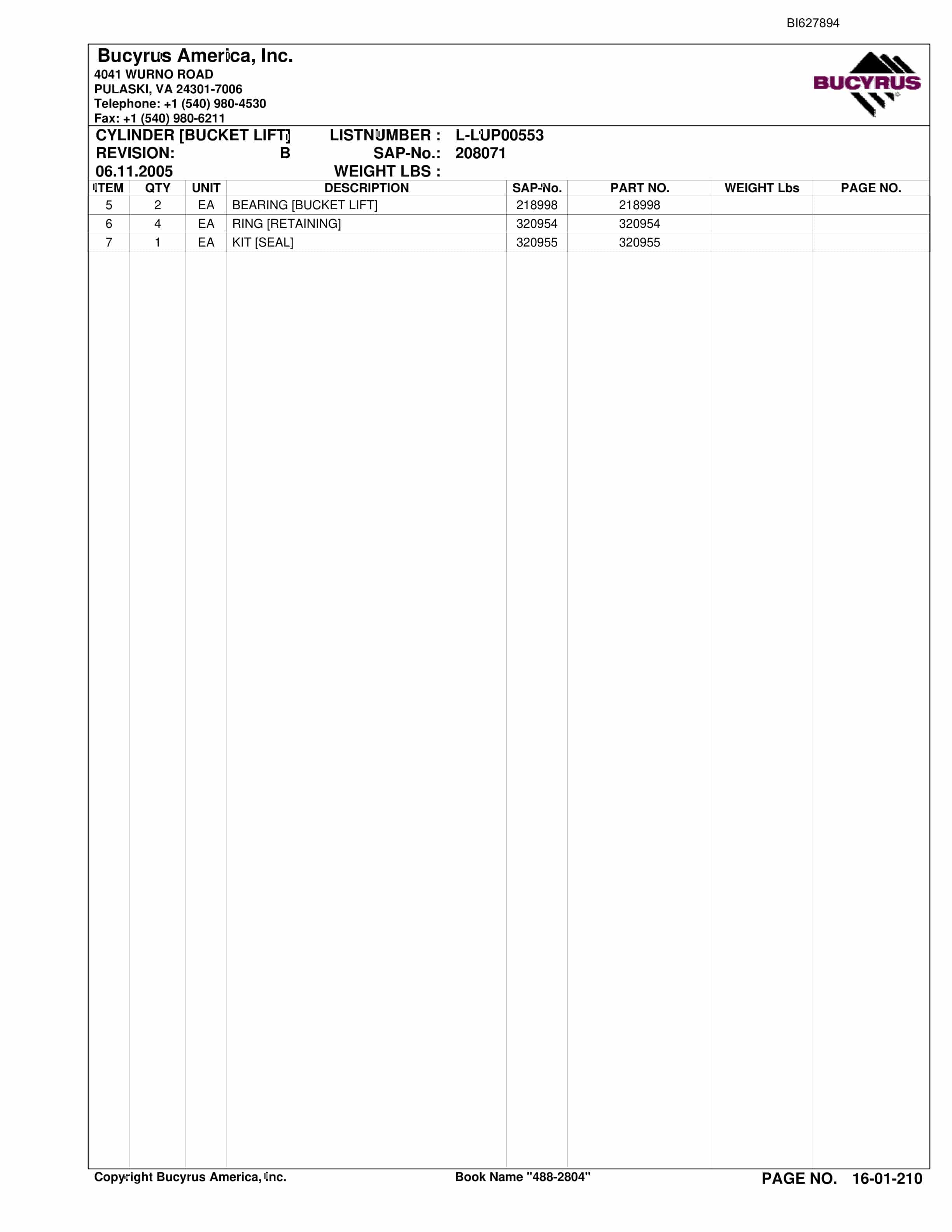 Bucyrus 488-2804 UN-A-TRAC Spare Parts List BI627894-4