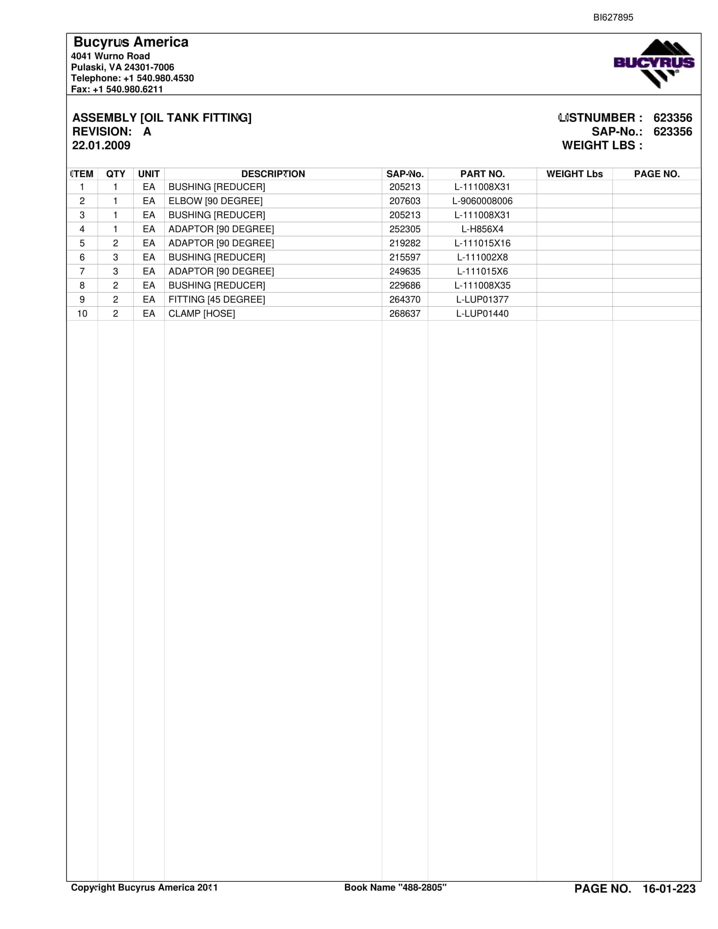 Bucyrus 488-2805 UN-A-TRAC Spare Parts List BI627895-4
