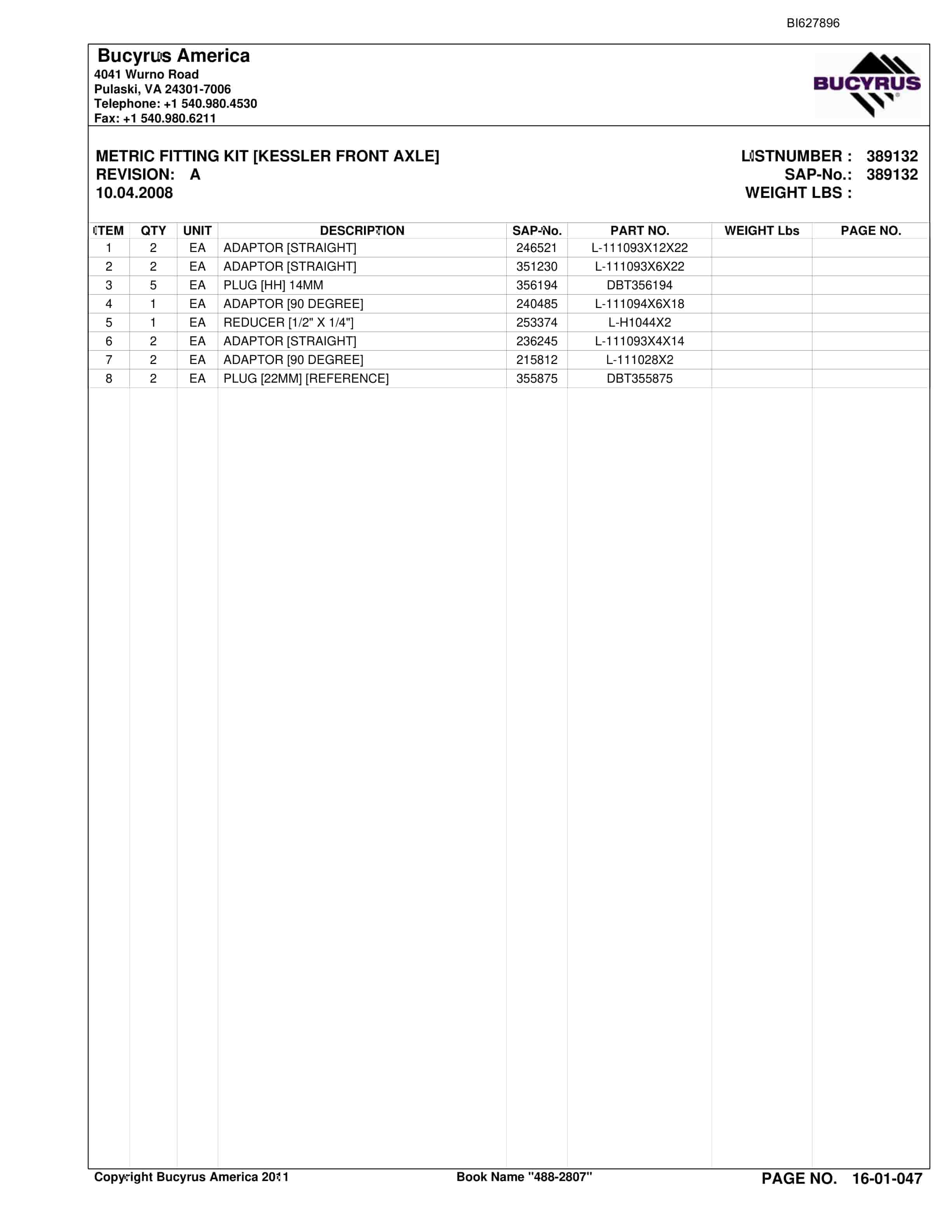 Bucyrus 488-2807 UN-A-TRAC Spare Parts List BI627896-2