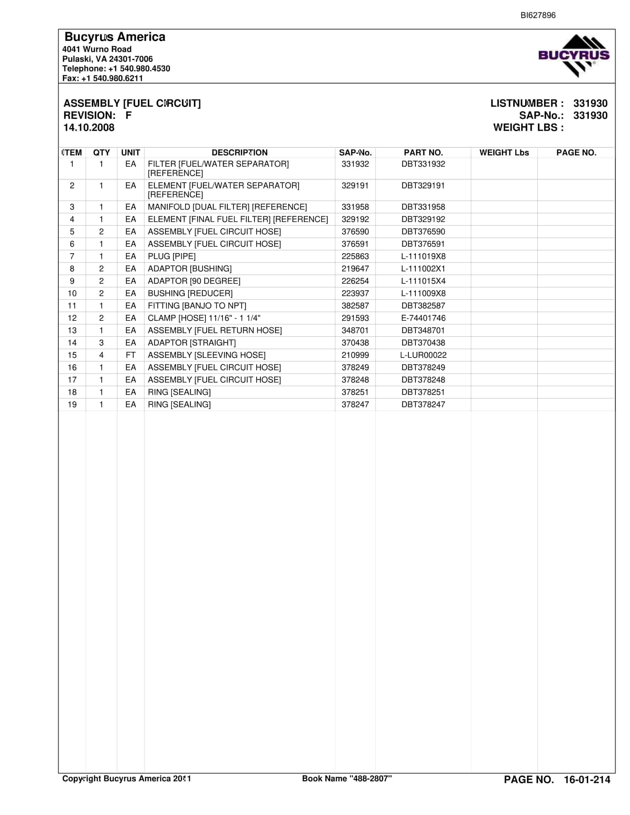 Bucyrus 488-2807 UN-A-TRAC Spare Parts List BI627896-5