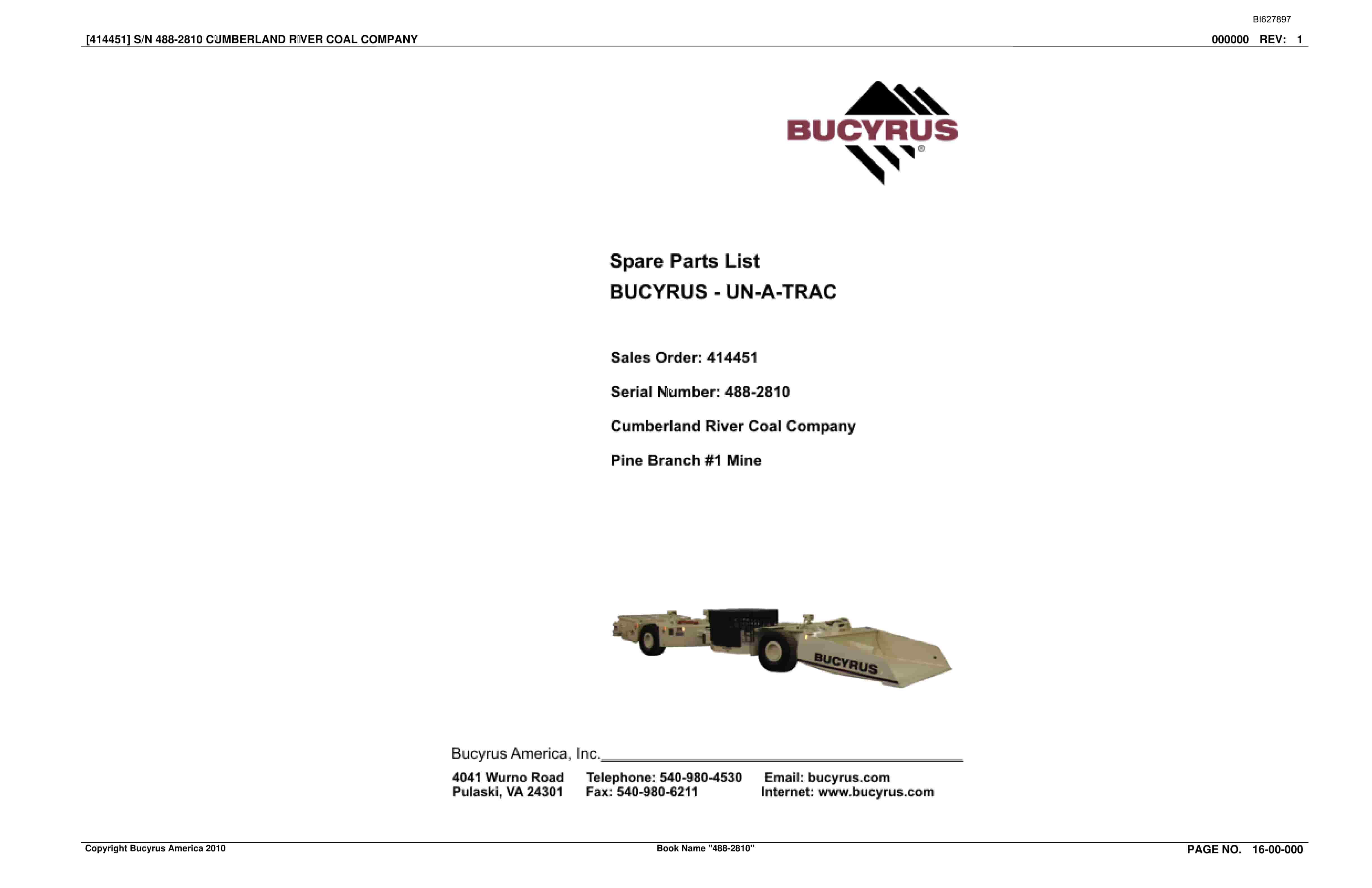 Bucyrus 488-2810 UN-A-TRAC Spare Parts List BI627897