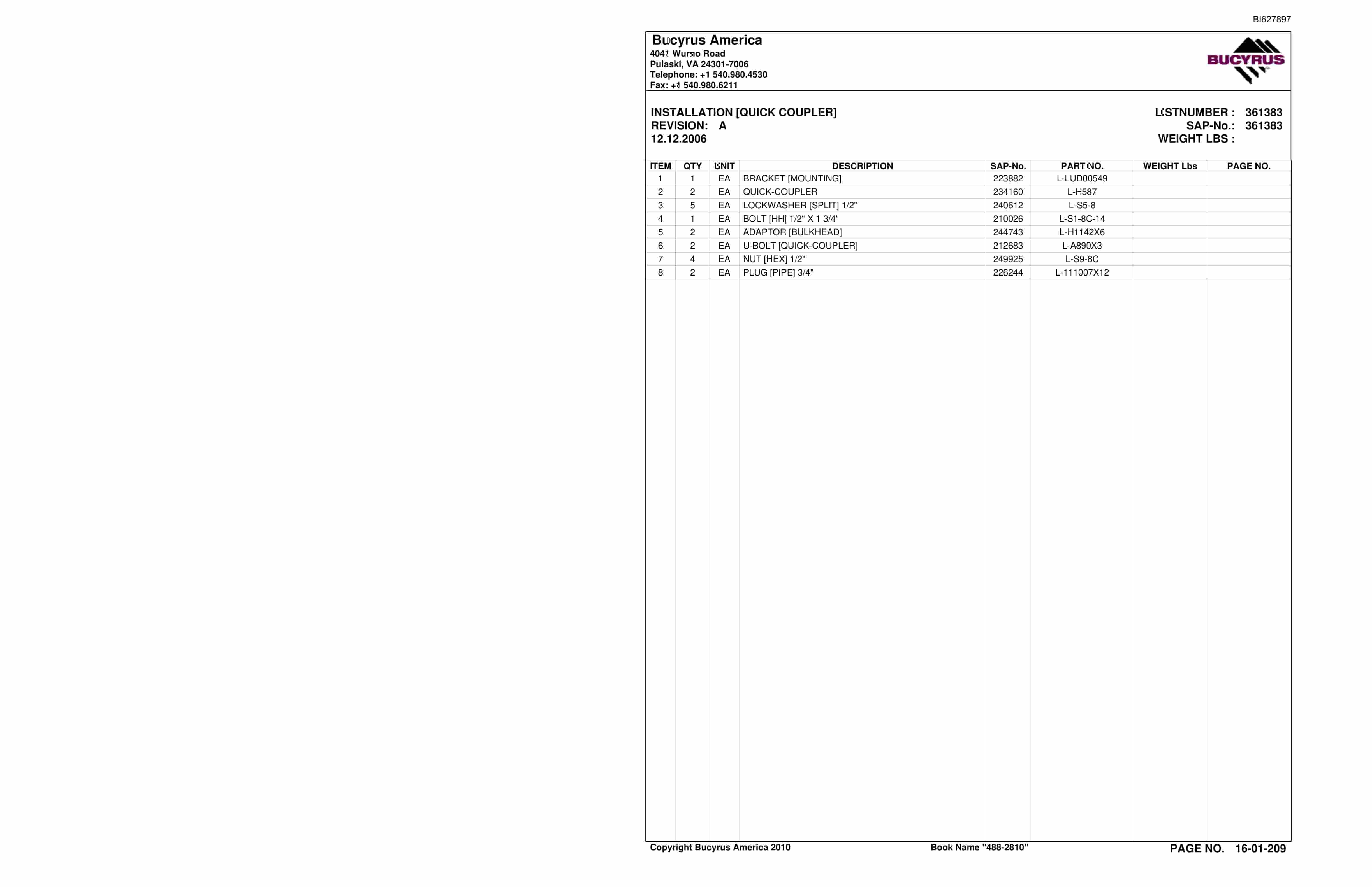 Bucyrus 488-2810 UN-A-TRAC Spare Parts List BI627897-3