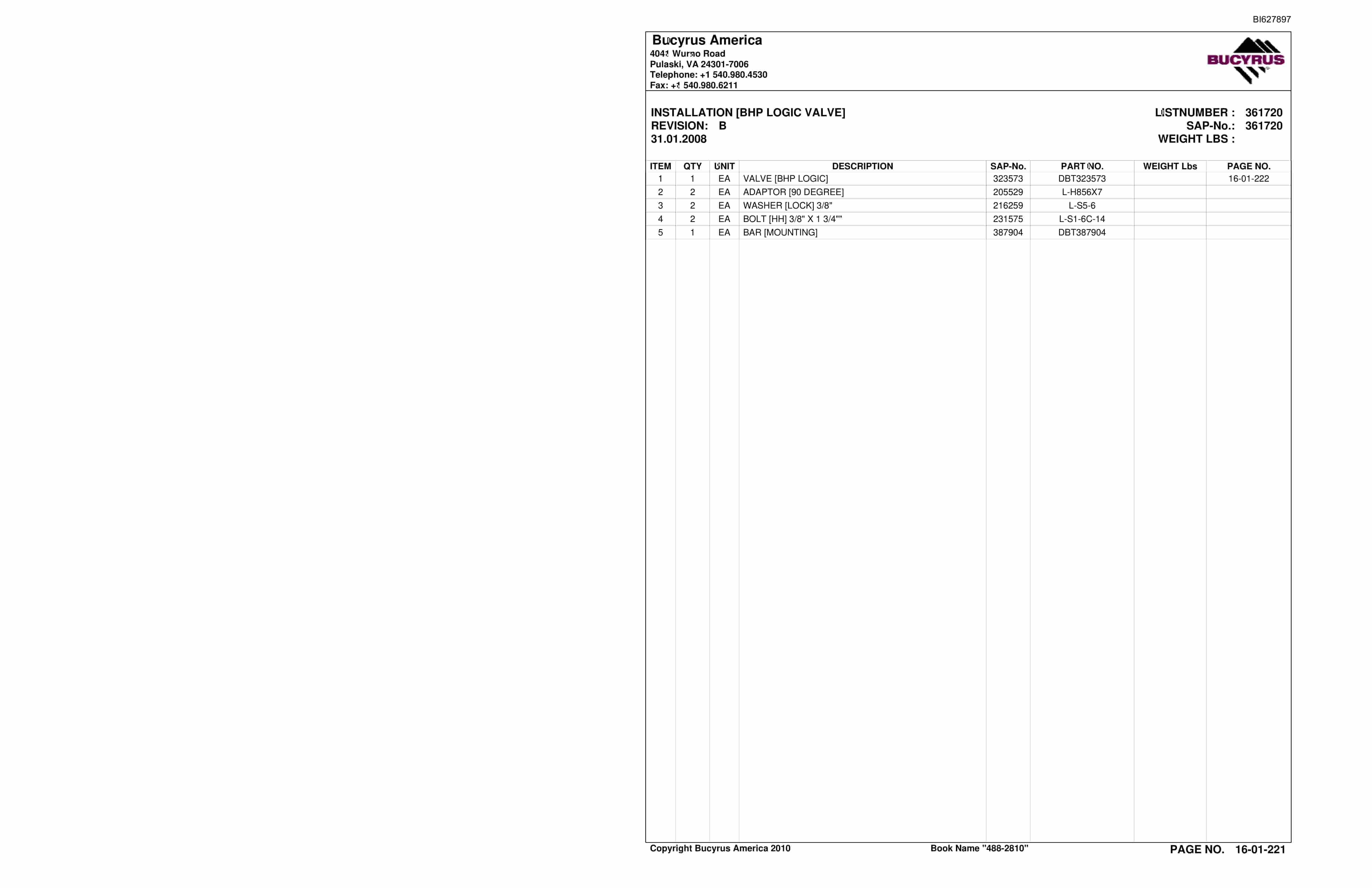 Bucyrus 488-2810 UN-A-TRAC Spare Parts List BI627897-4