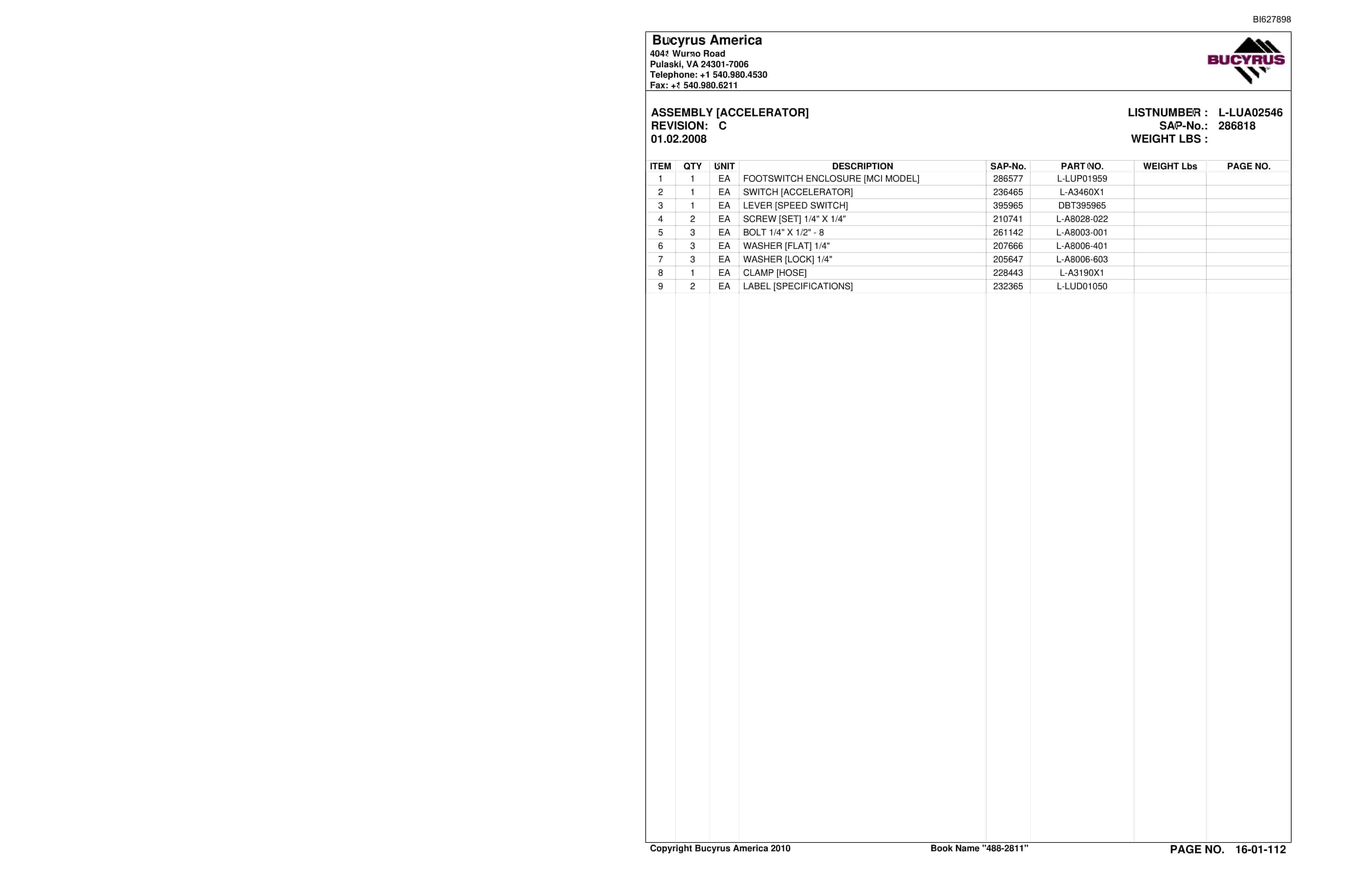 Bucyrus 488-2811 UN-A-TRAC Spare Parts List BI627898-2