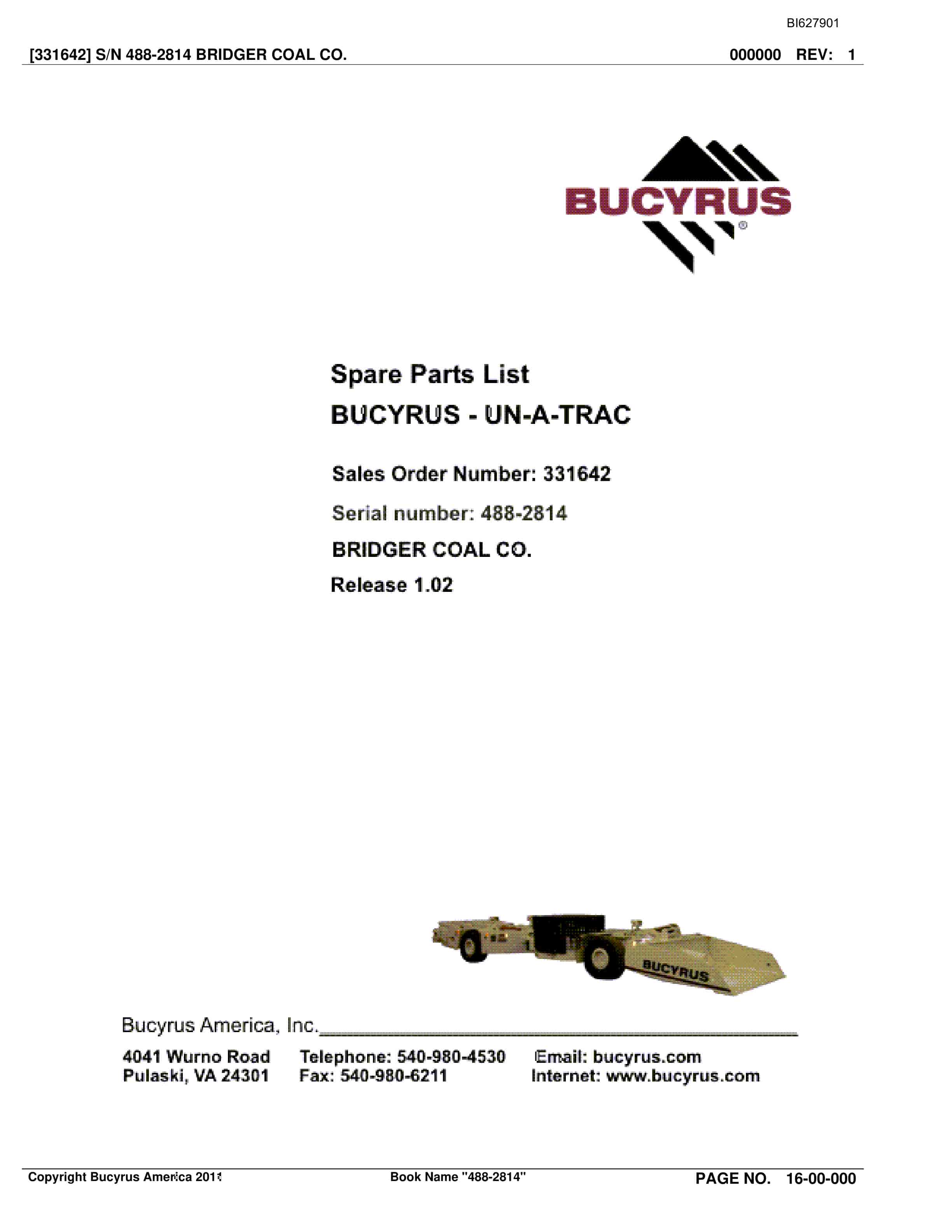 Bucyrus 488-2814 UN-A-TRAC Spare Parts List BI627901