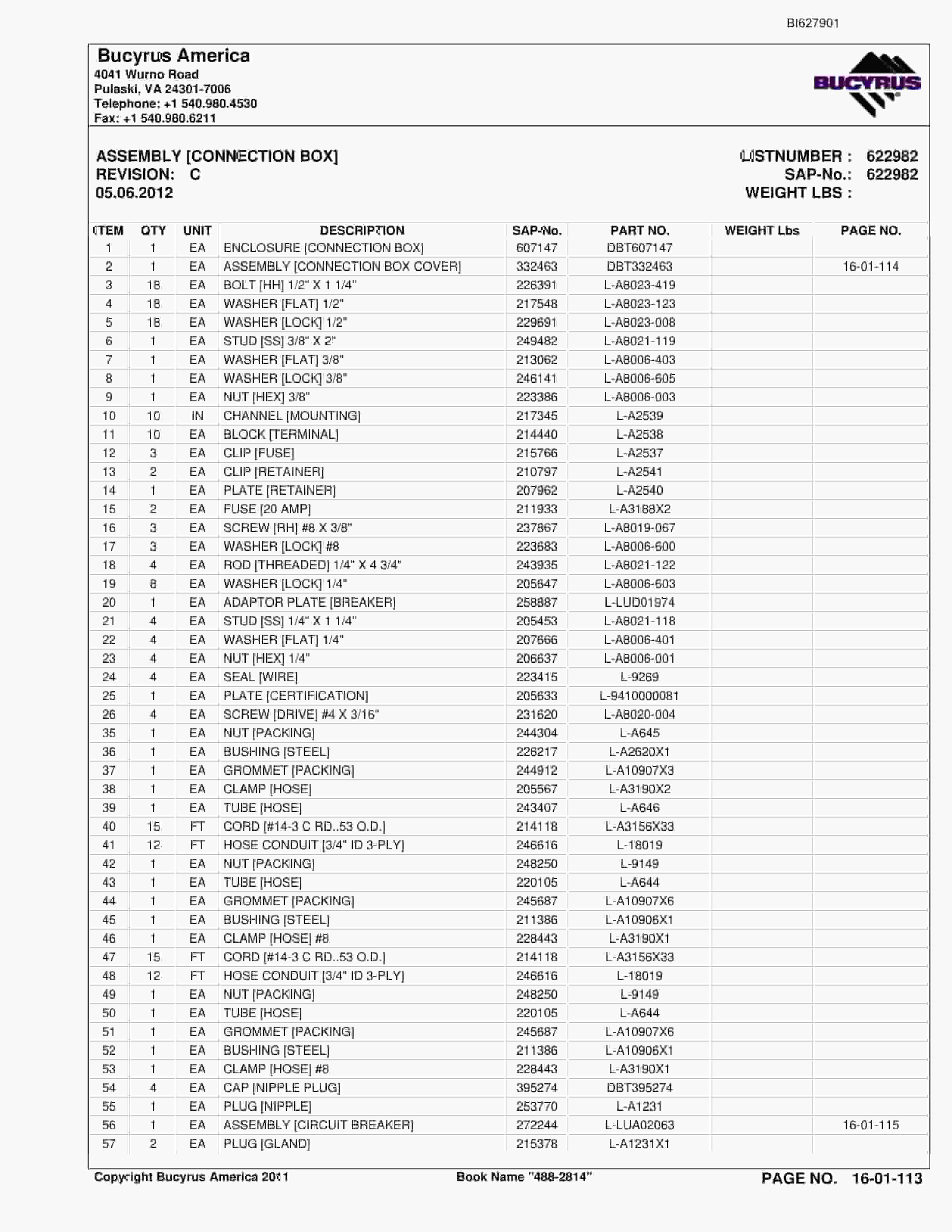 Bucyrus 488-2814 UN-A-TRAC Spare Parts List BI627901-2