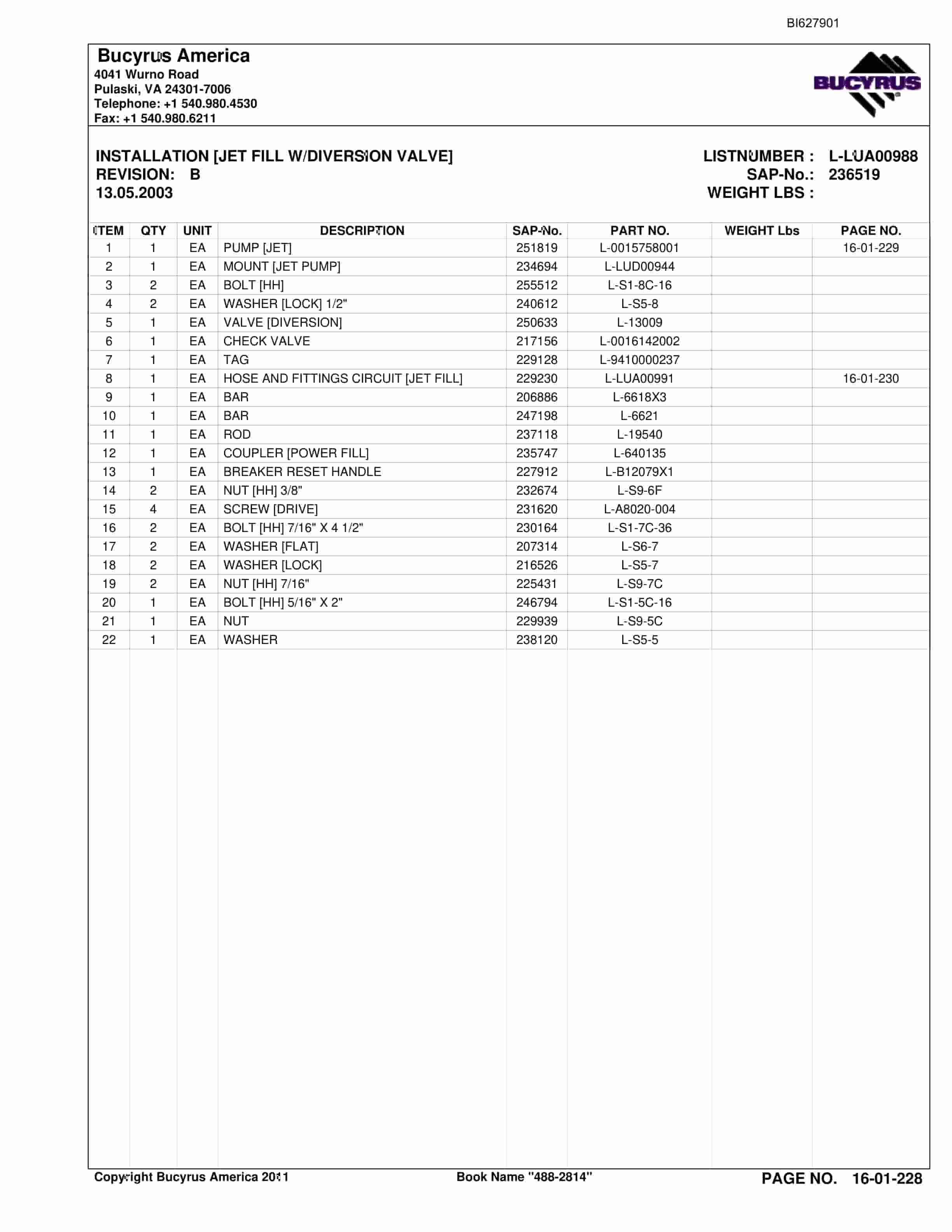 Bucyrus 488-2814 UN-A-TRAC Spare Parts List BI627901-5