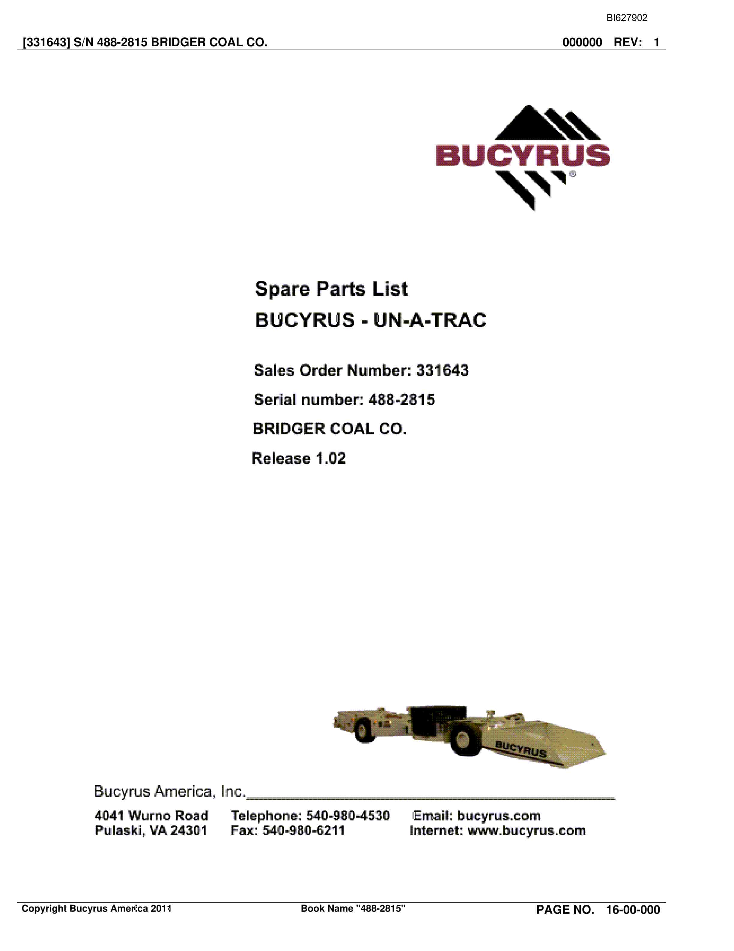 Bucyrus 488-2815 UN-A-TRAC Spare Parts List BI627902