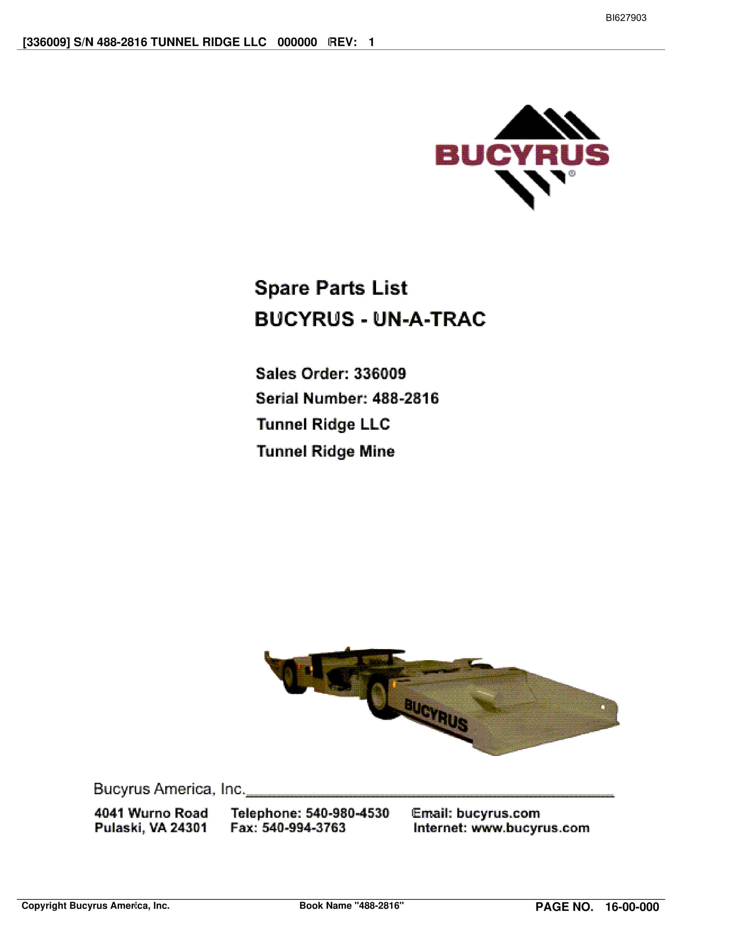 Bucyrus 488-2816 UN-A-TRAC Spare Parts List BI627903
