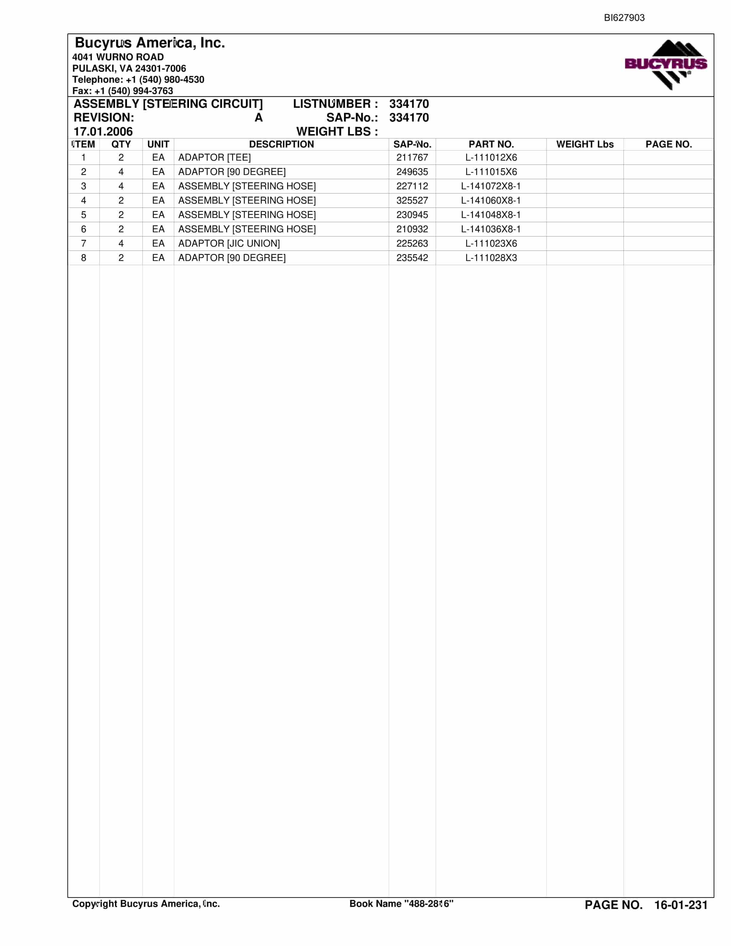 Bucyrus 488-2816 UN-A-TRAC Spare Parts List BI627903-5