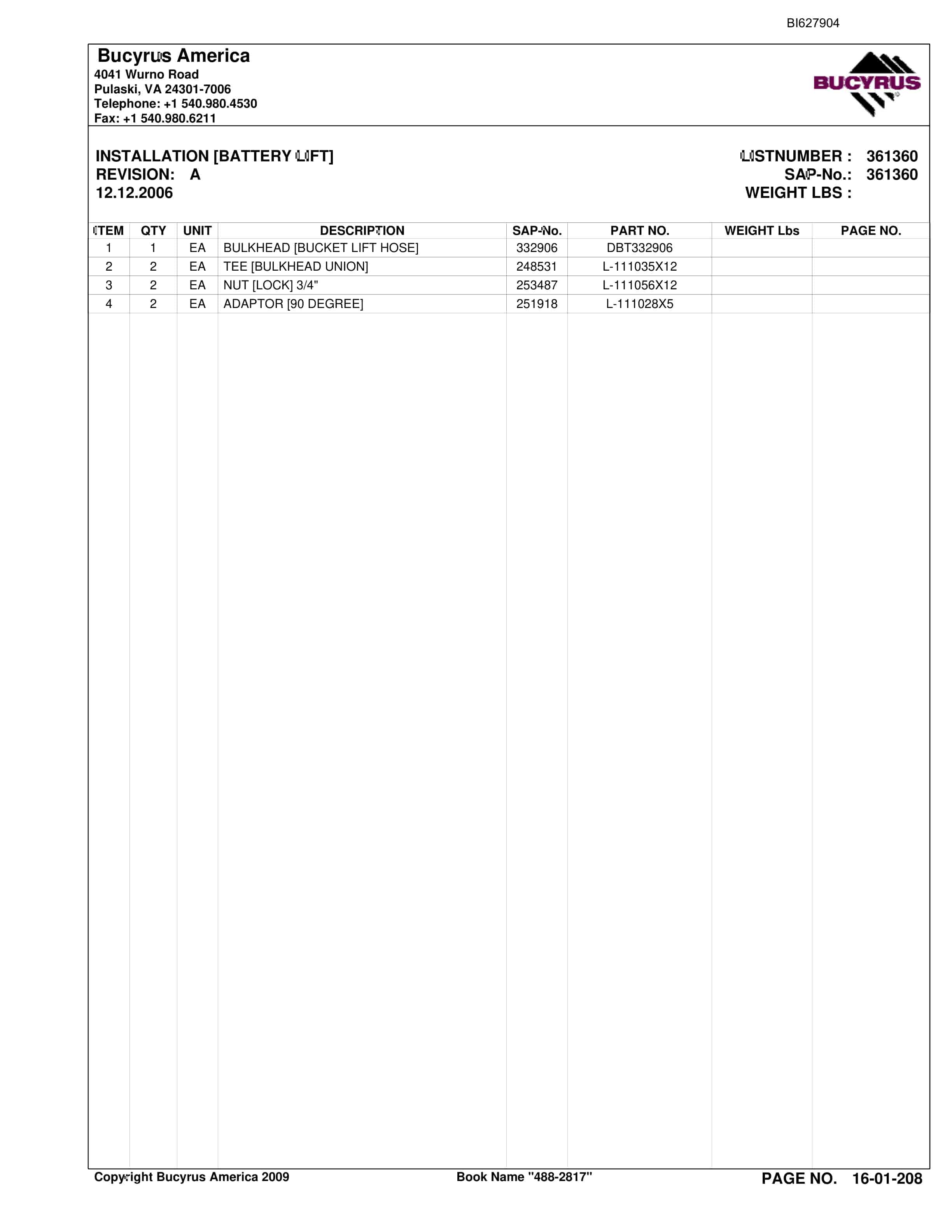 Bucyrus 488-2817 UN-A-TRAC Spare Parts List BI627904-4