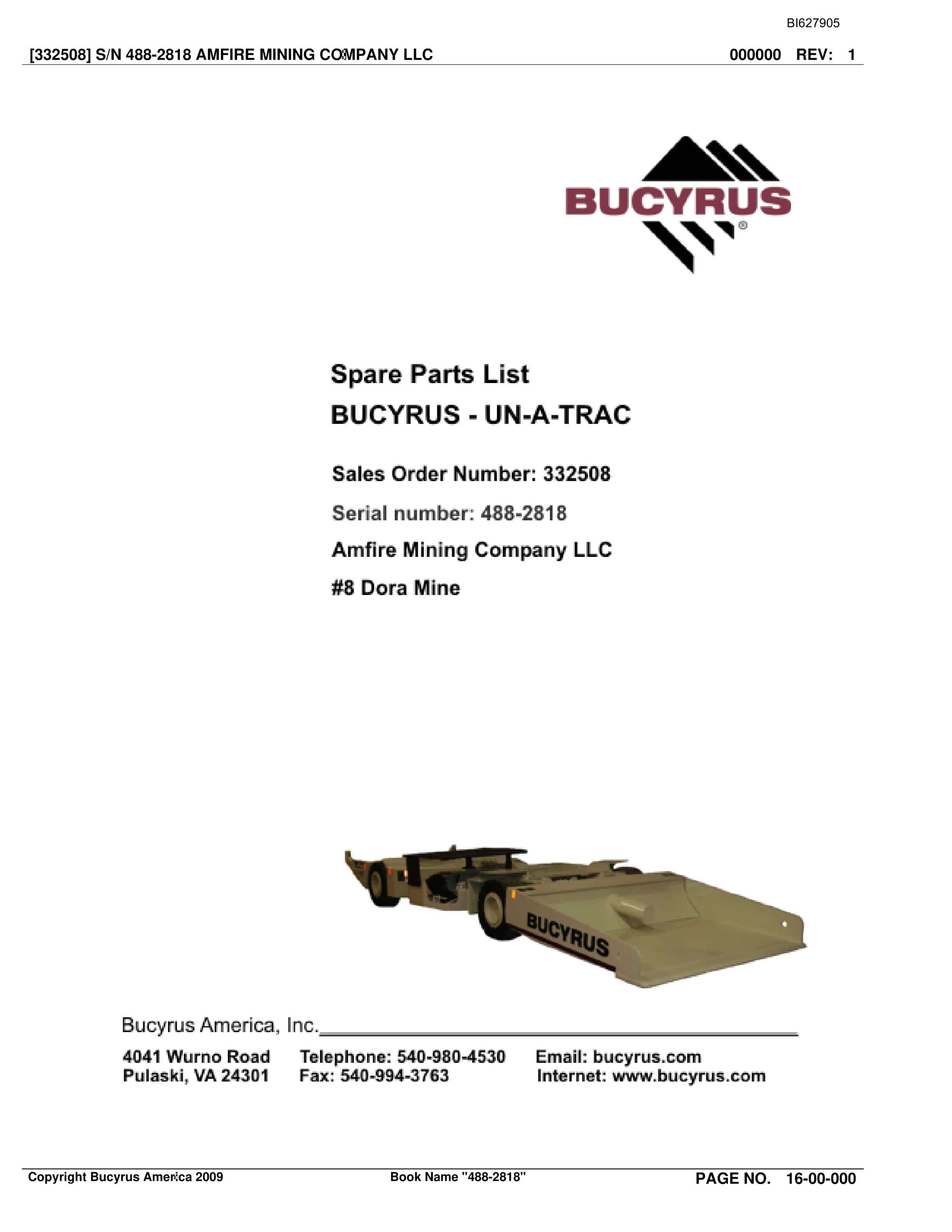 Bucyrus 488-2818 UN-A-TRAC Spare Parts List BI627905