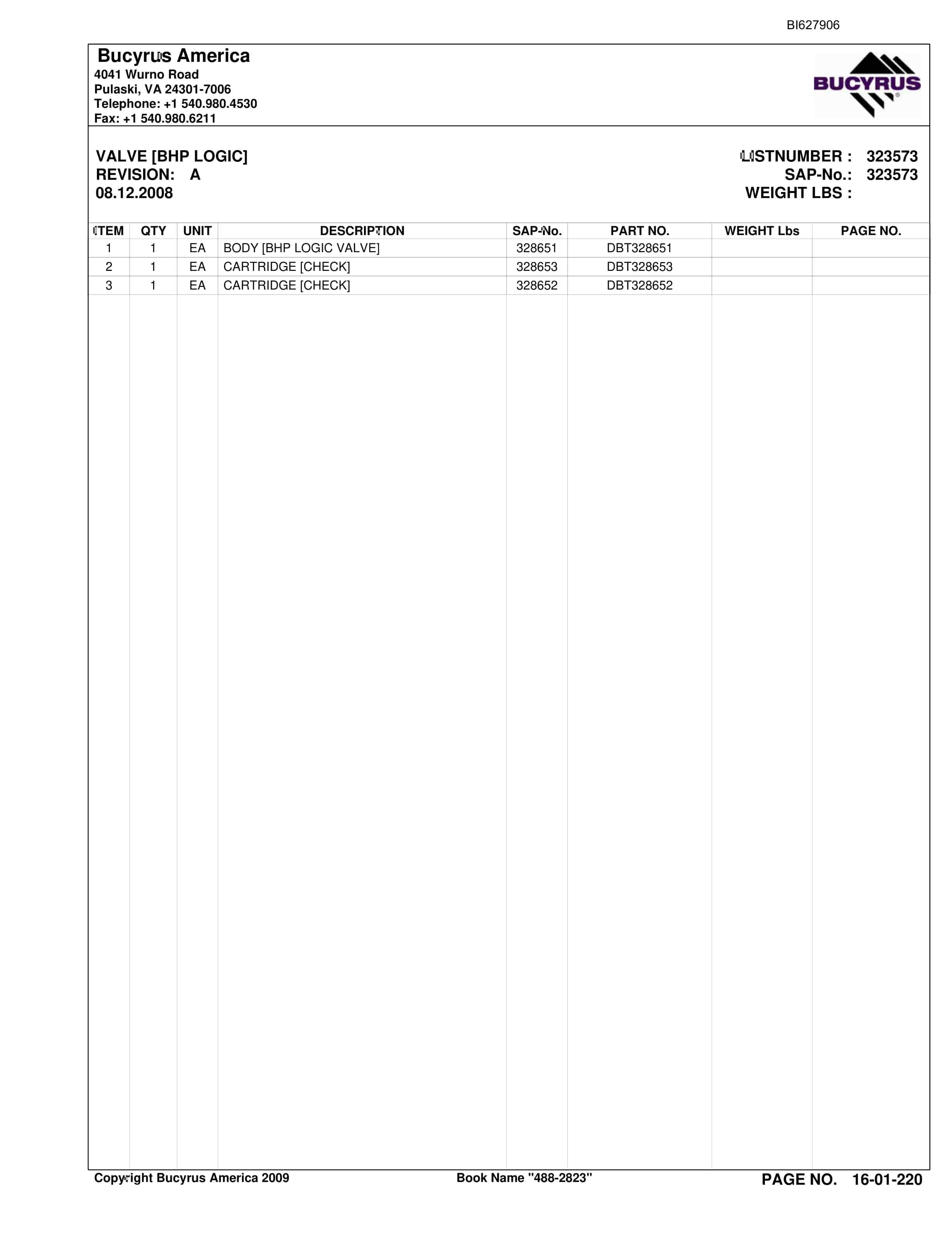 Bucyrus 488-2823 UN-A-TRAC Spare Parts List BI627906-3