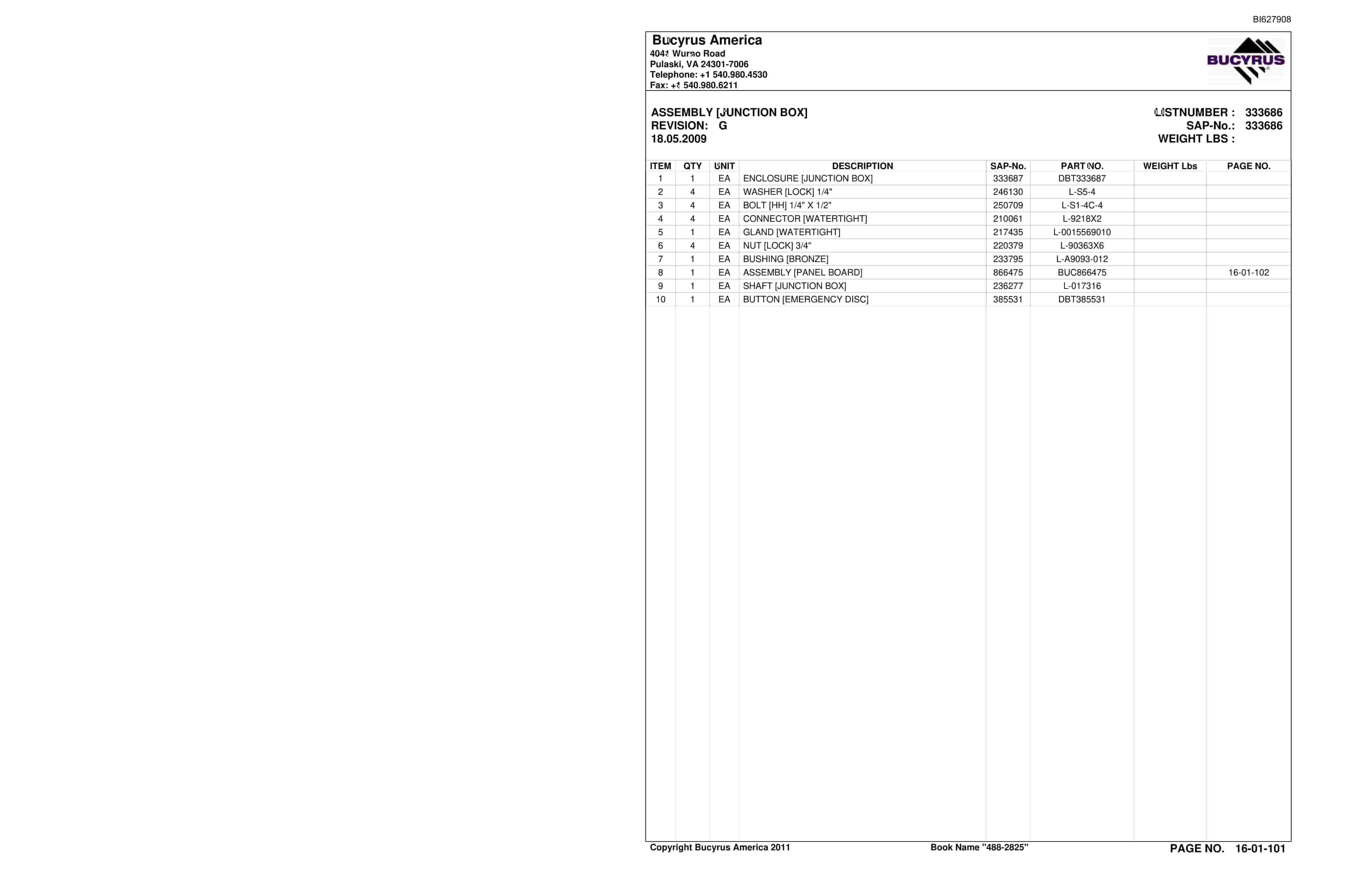 Bucyrus 488-2825 UN-A-TRAC Spare Parts List BI627908-2