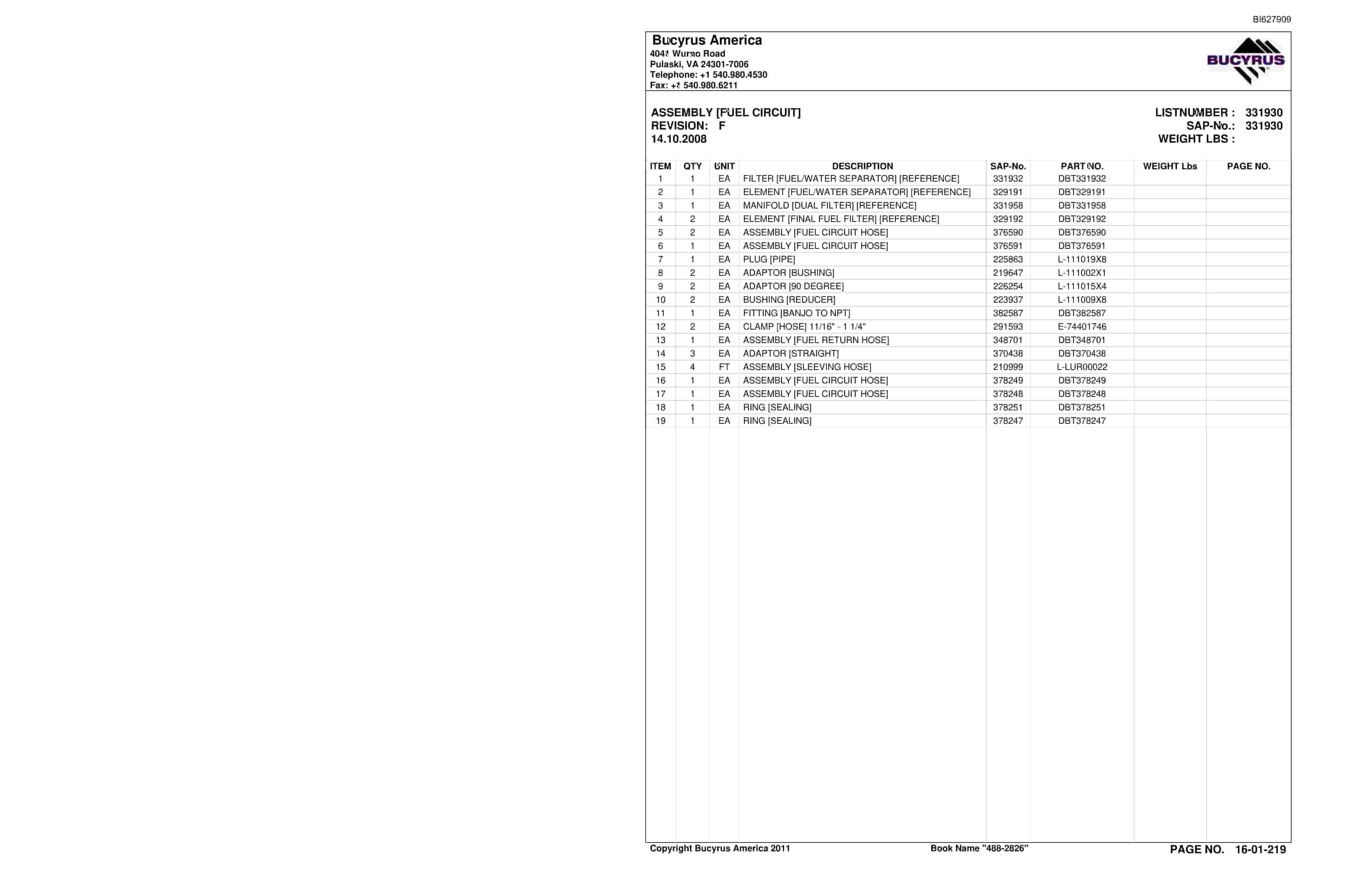 Bucyrus 488-2826 UN-A-TRAC Spare Parts List BI627909-5
