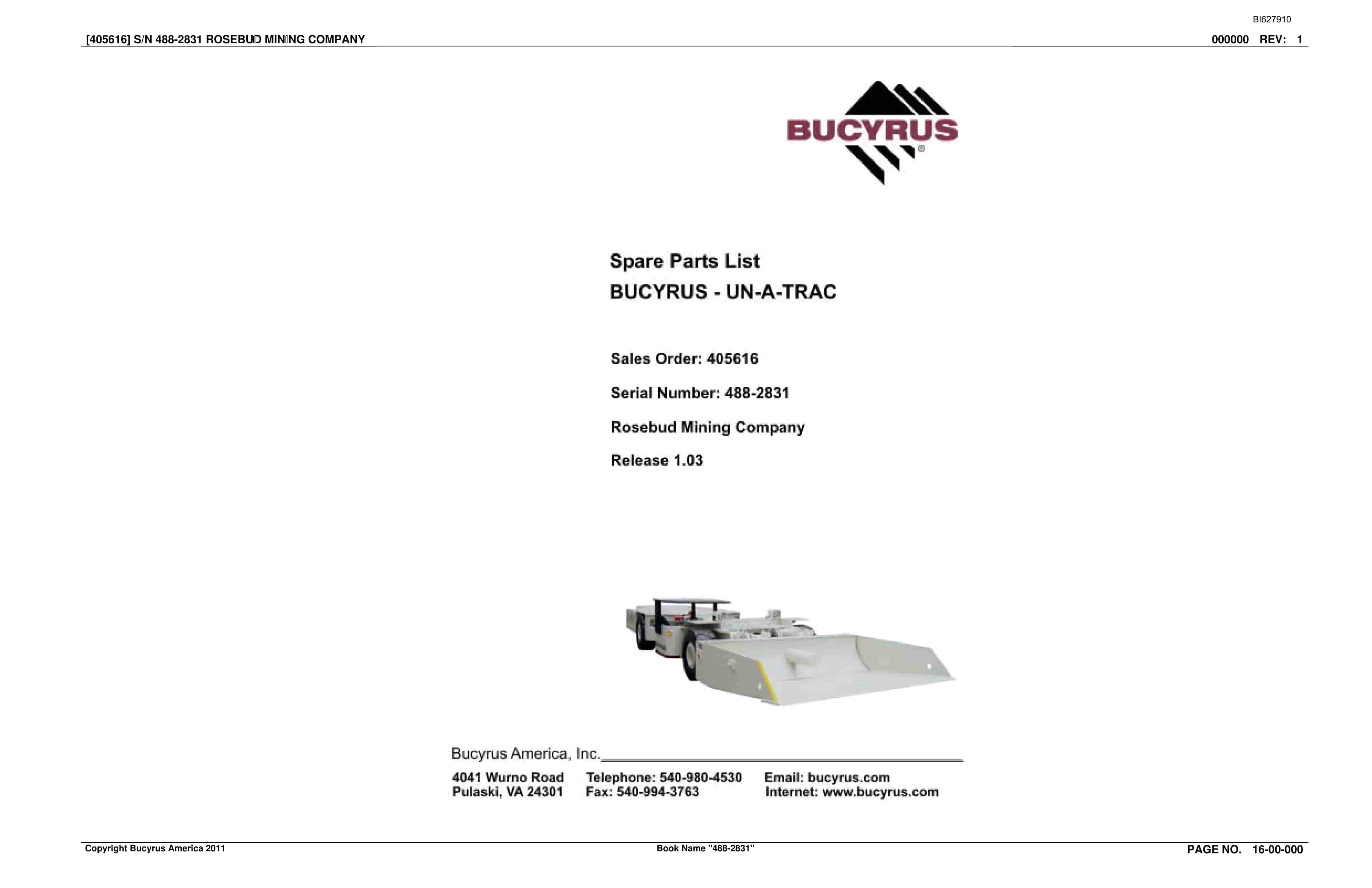 Bucyrus 488-2831 UN-A-TRAC Spare Parts List BI627910