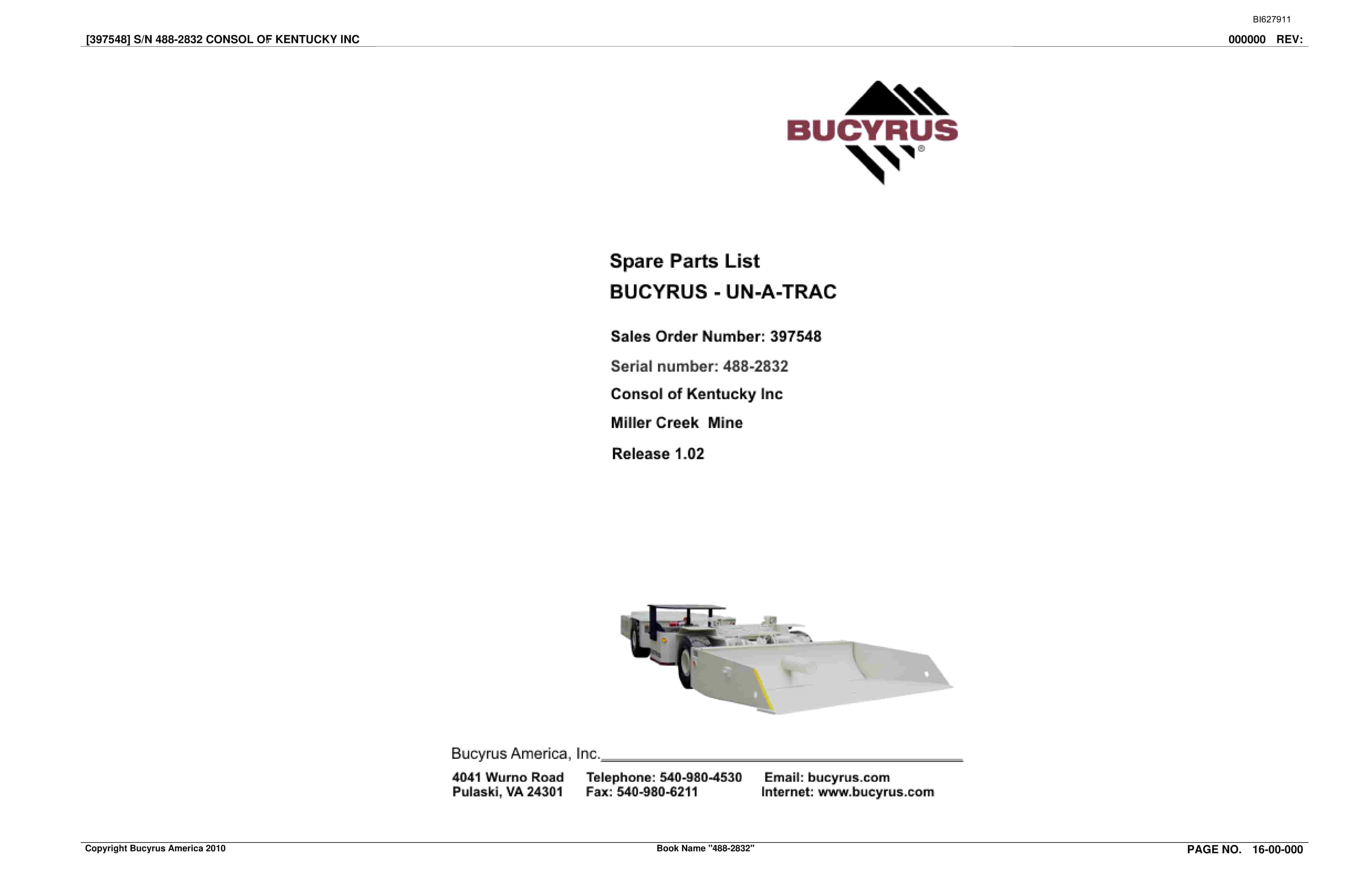 Bucyrus 488-2832 UN-A-TRAC Spare Parts List BI627911