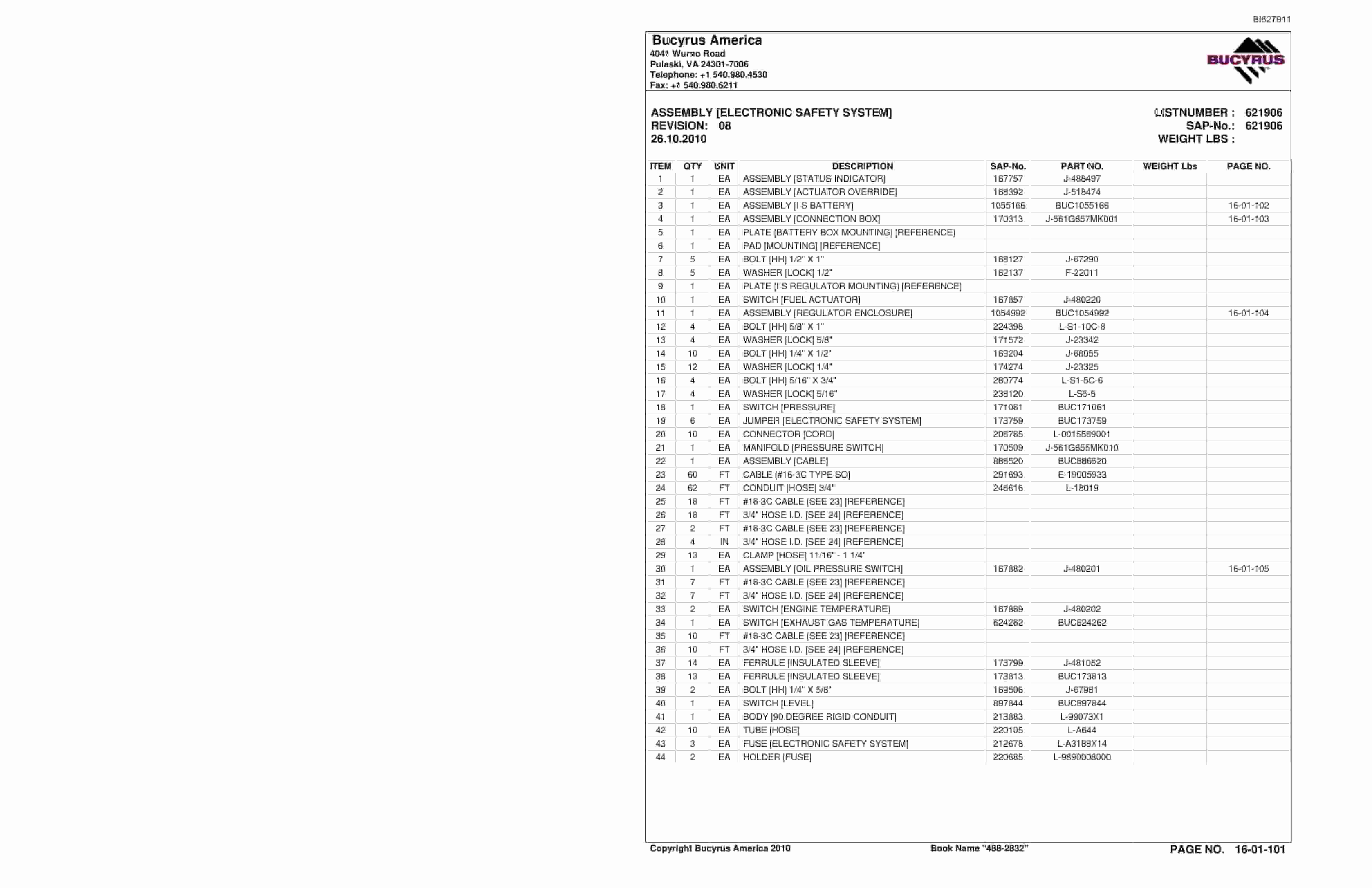 Bucyrus 488-2832 UN-A-TRAC Spare Parts List BI627911-2