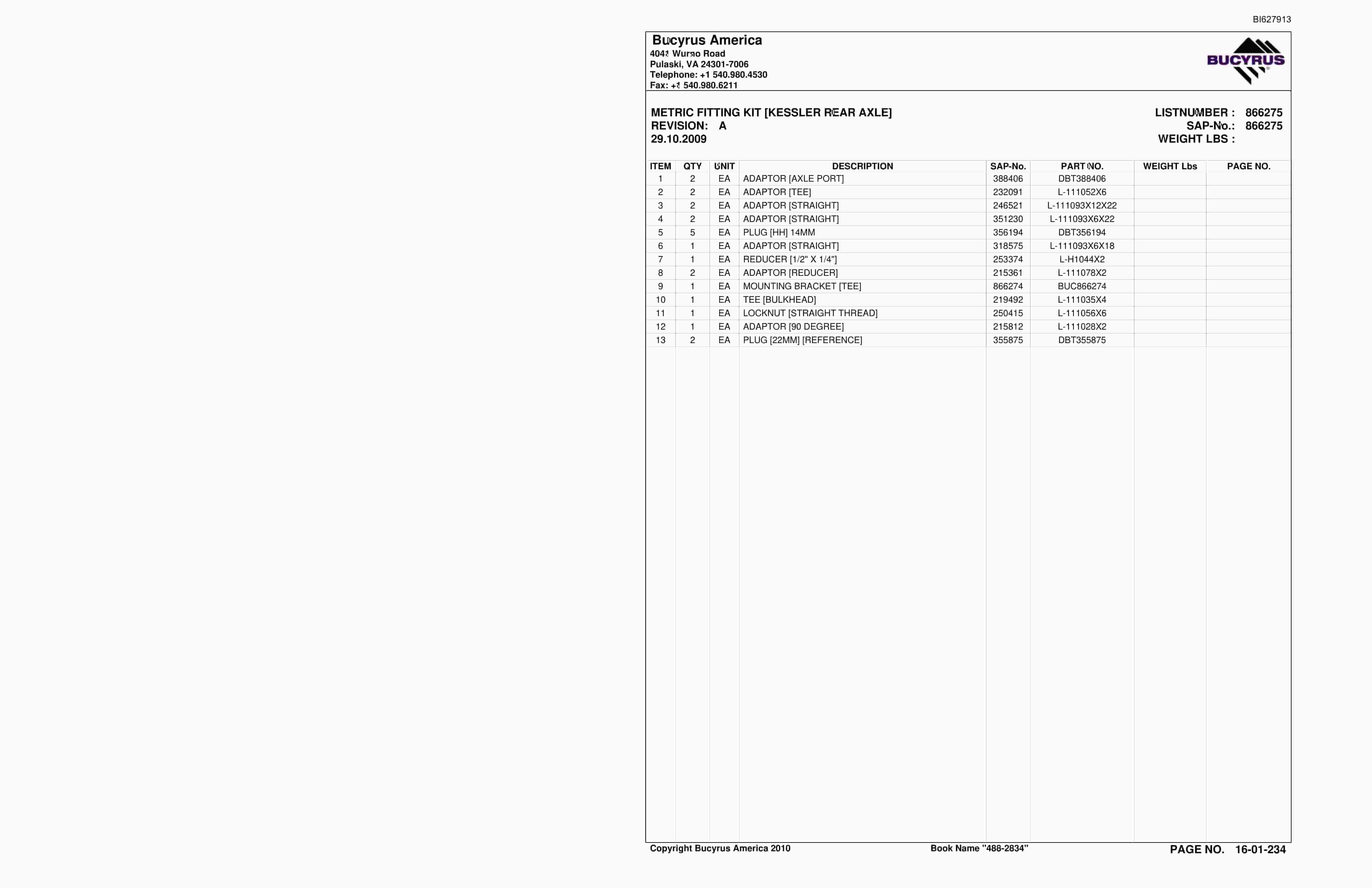 Bucyrus 488-2834 UN-A-TRAC Spare Parts List BI627913-5