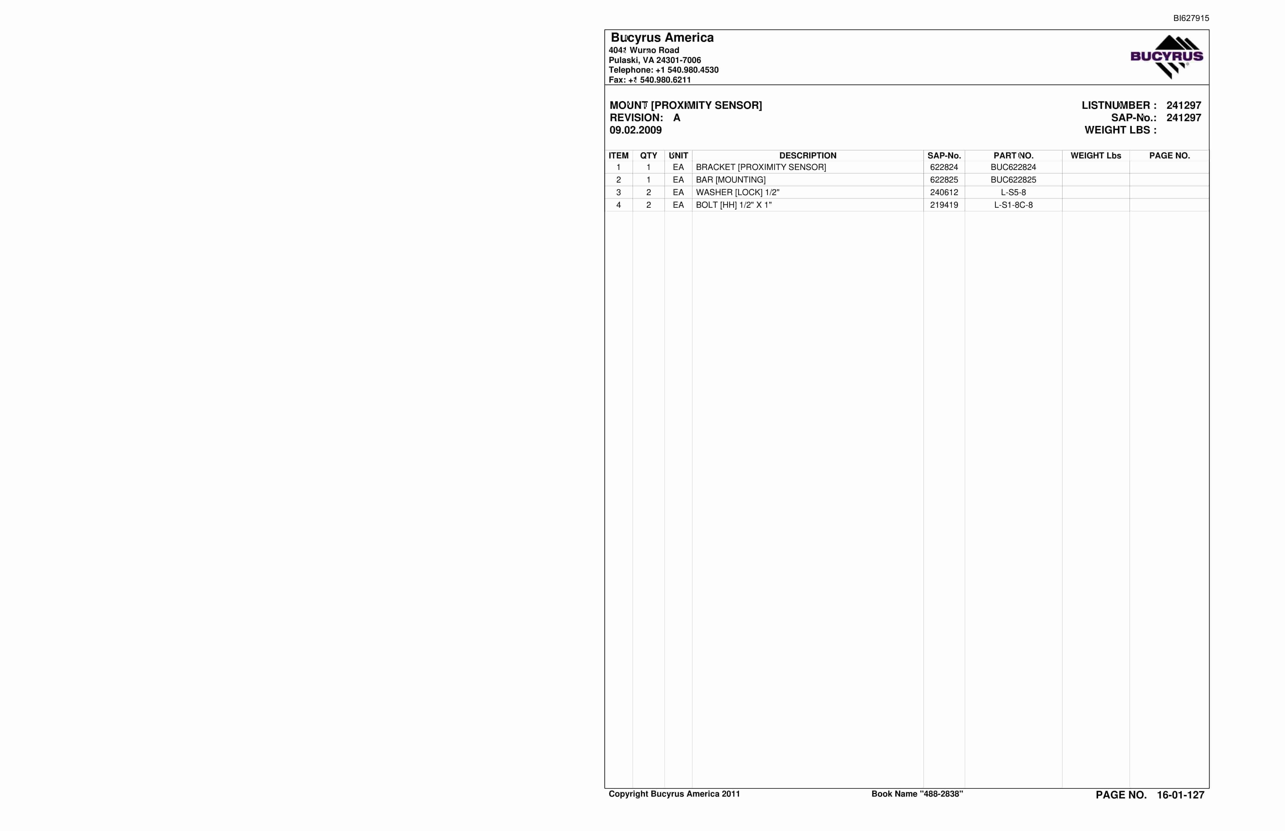 Bucyrus 488-2838 UN-A-TRAC Spare Parts List BI627915-2