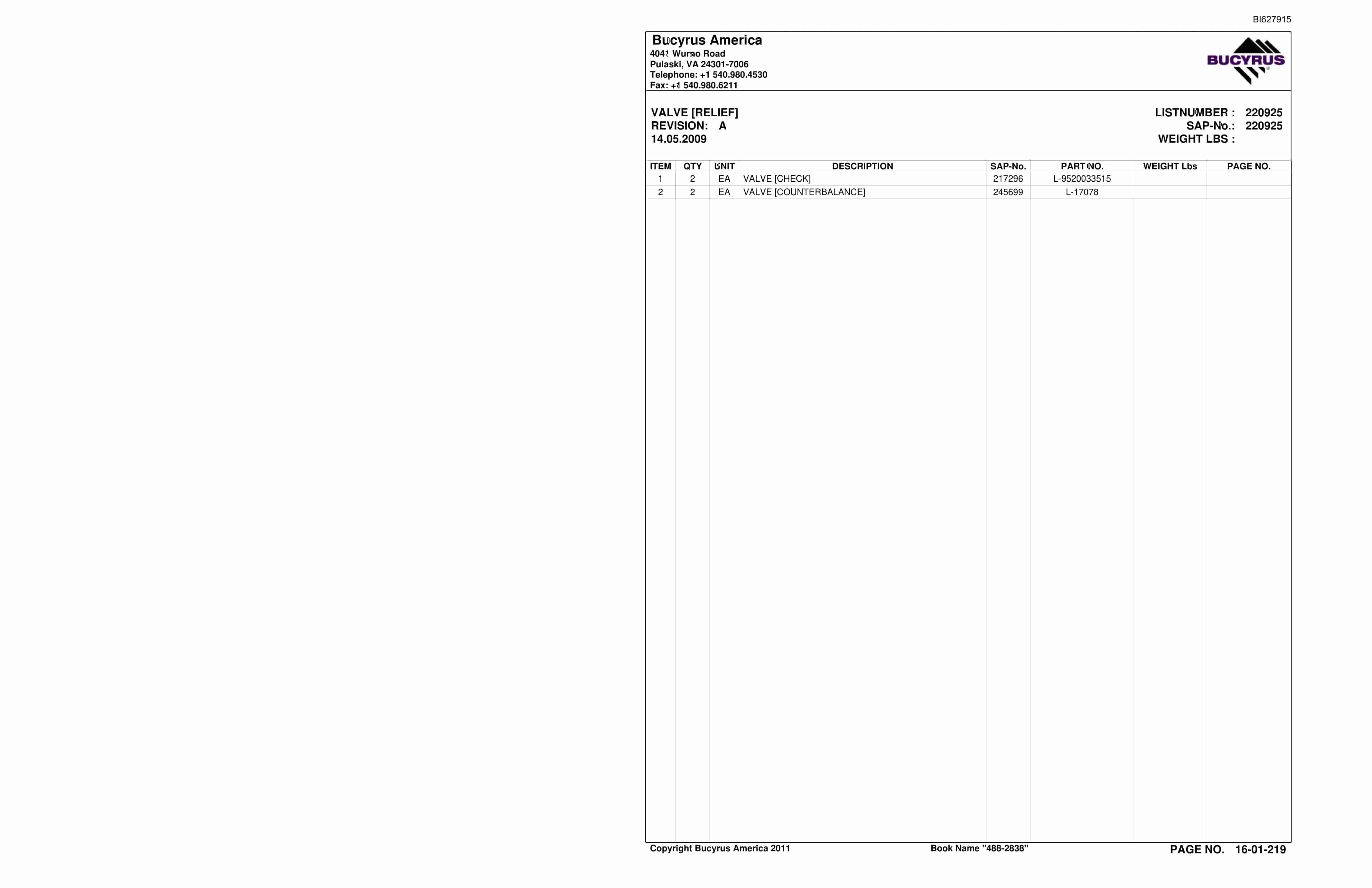 Bucyrus 488-2838 UN-A-TRAC Spare Parts List BI627915-3