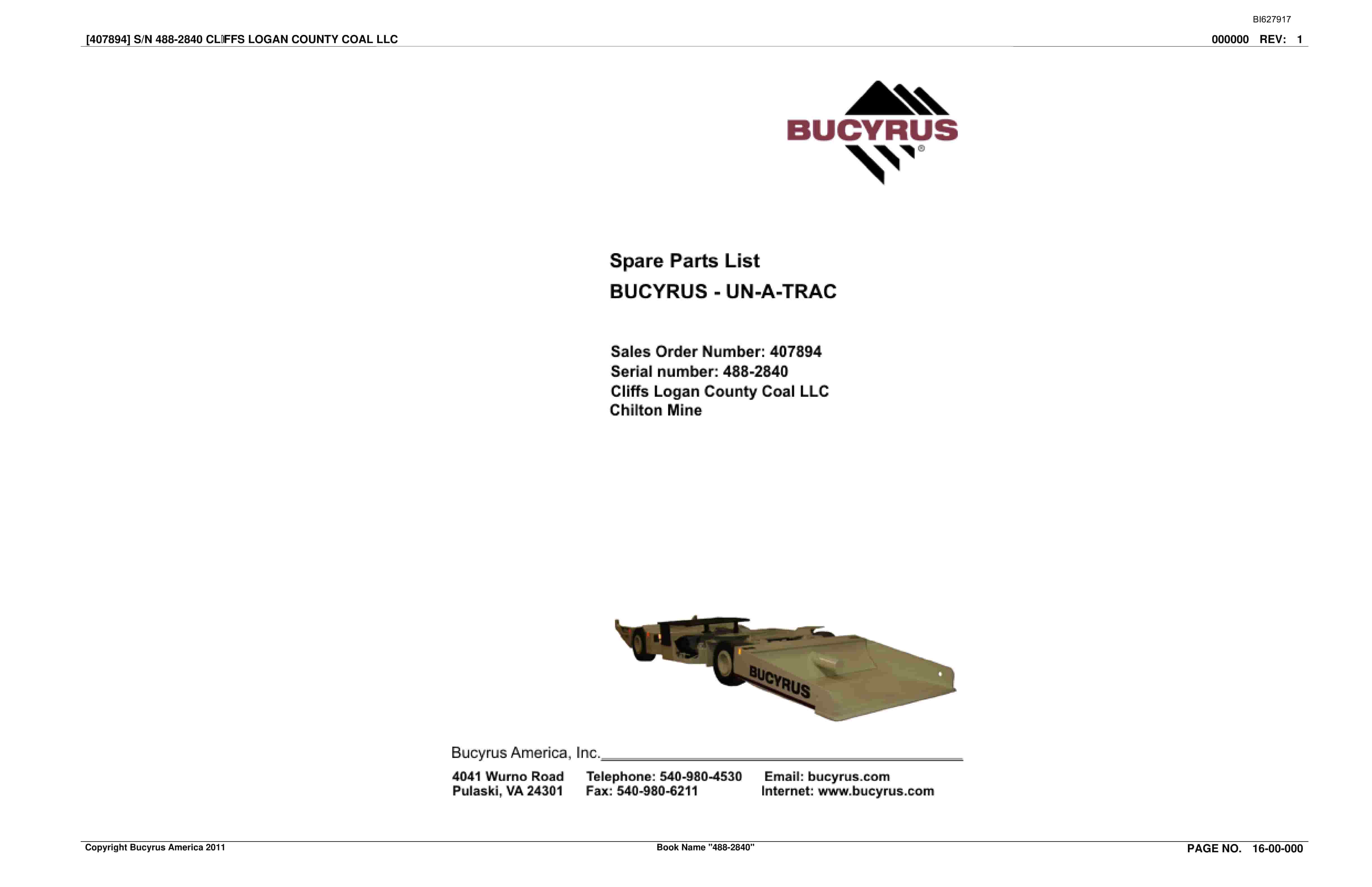 Bucyrus 488-2840 UN-A-TRAC Spare Parts List BI627917