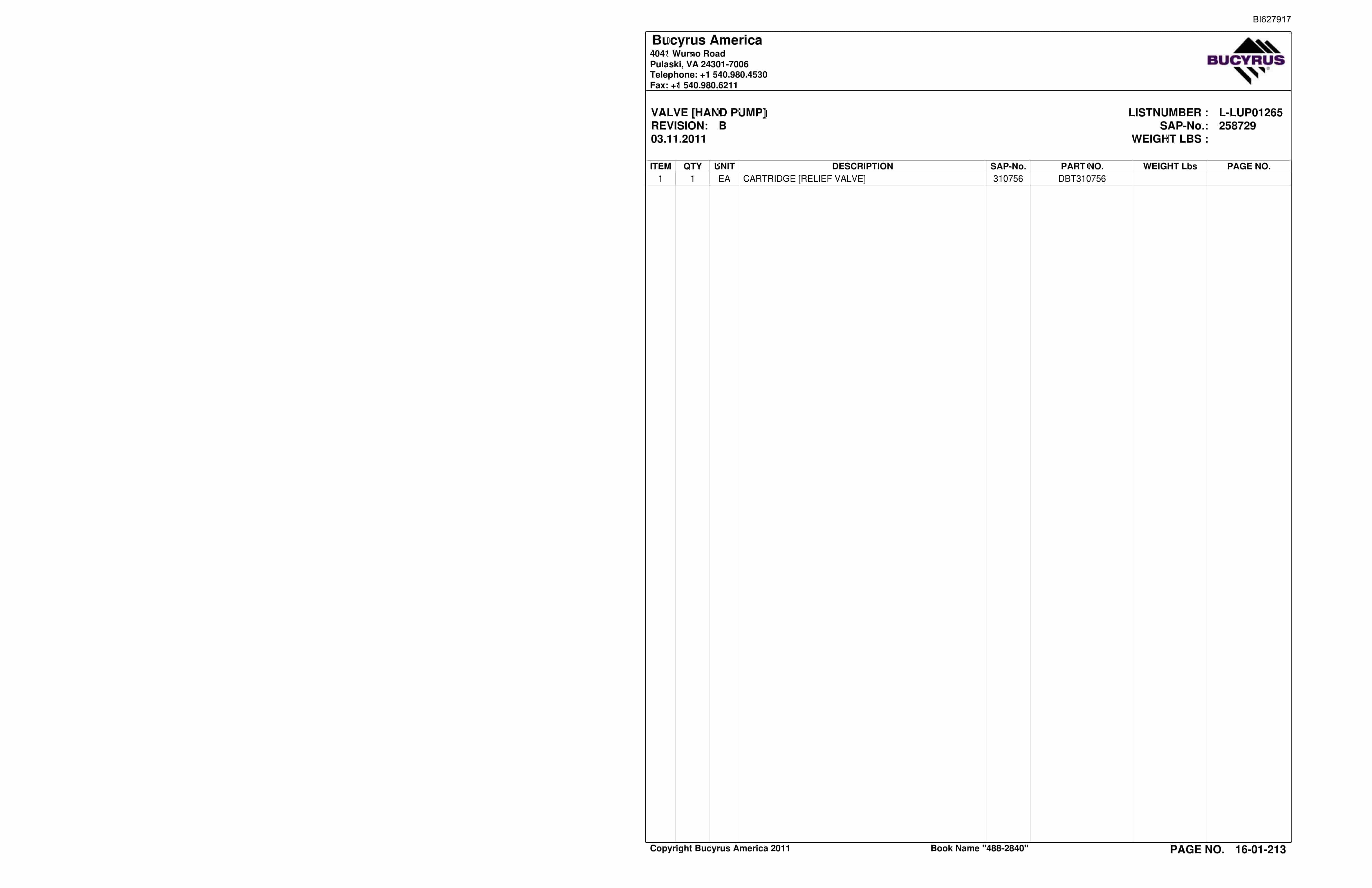 Bucyrus 488-2840 UN-A-TRAC Spare Parts List BI627917-3