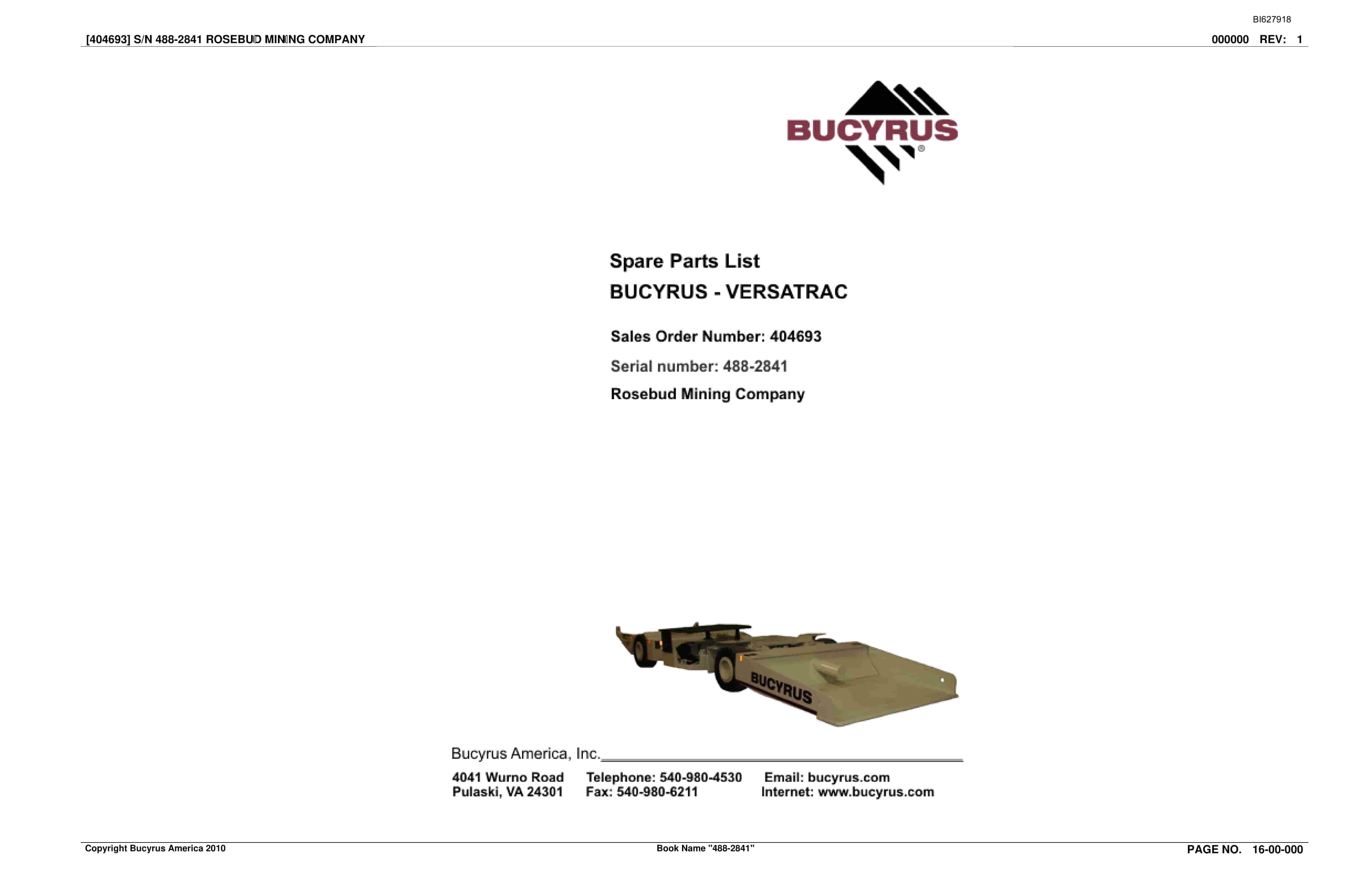 Bucyrus 488-2841 UN-A-TRAC Spare Parts List BI627918