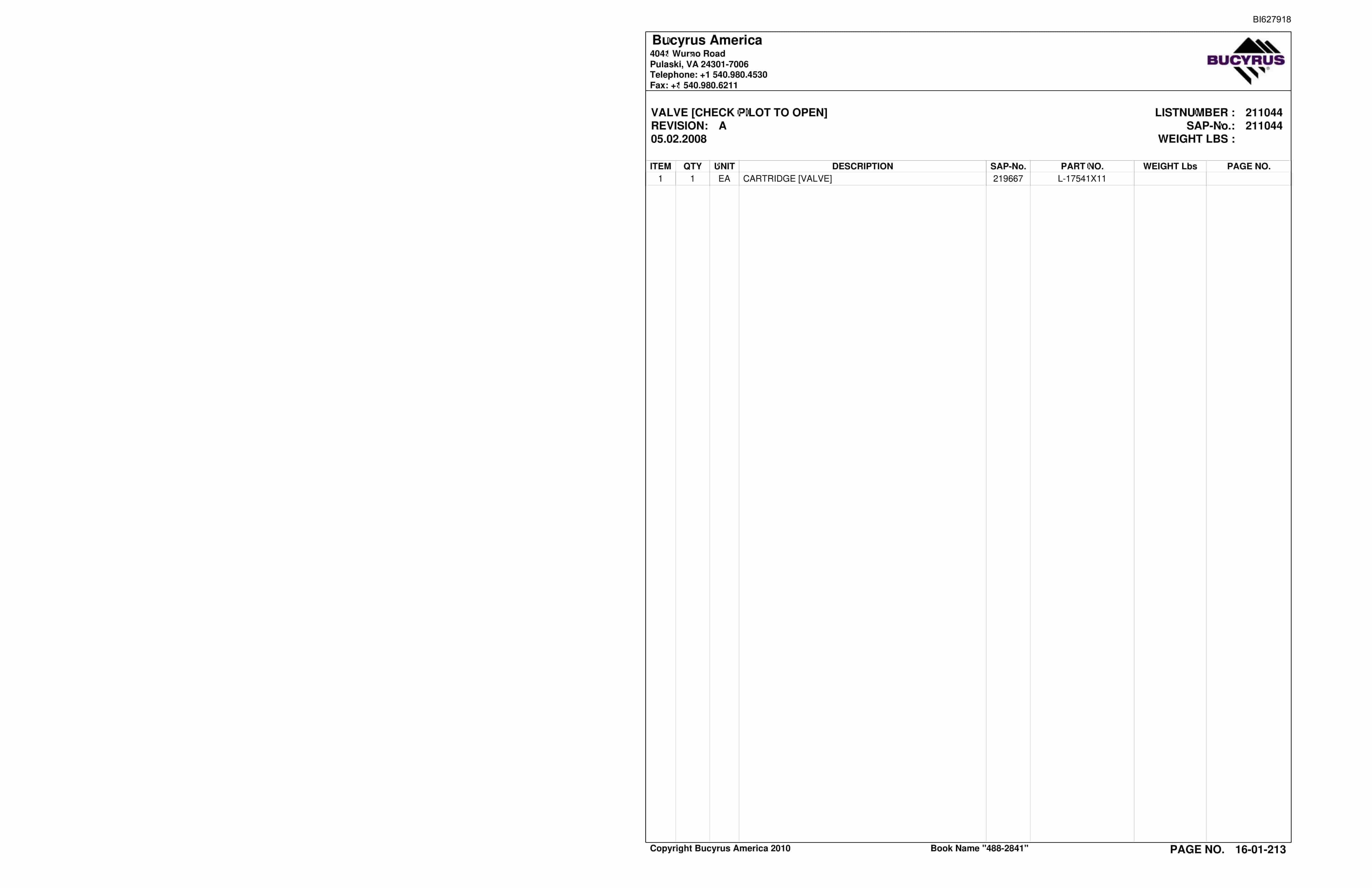 Bucyrus 488-2841 UN-A-TRAC Spare Parts List BI627918-4