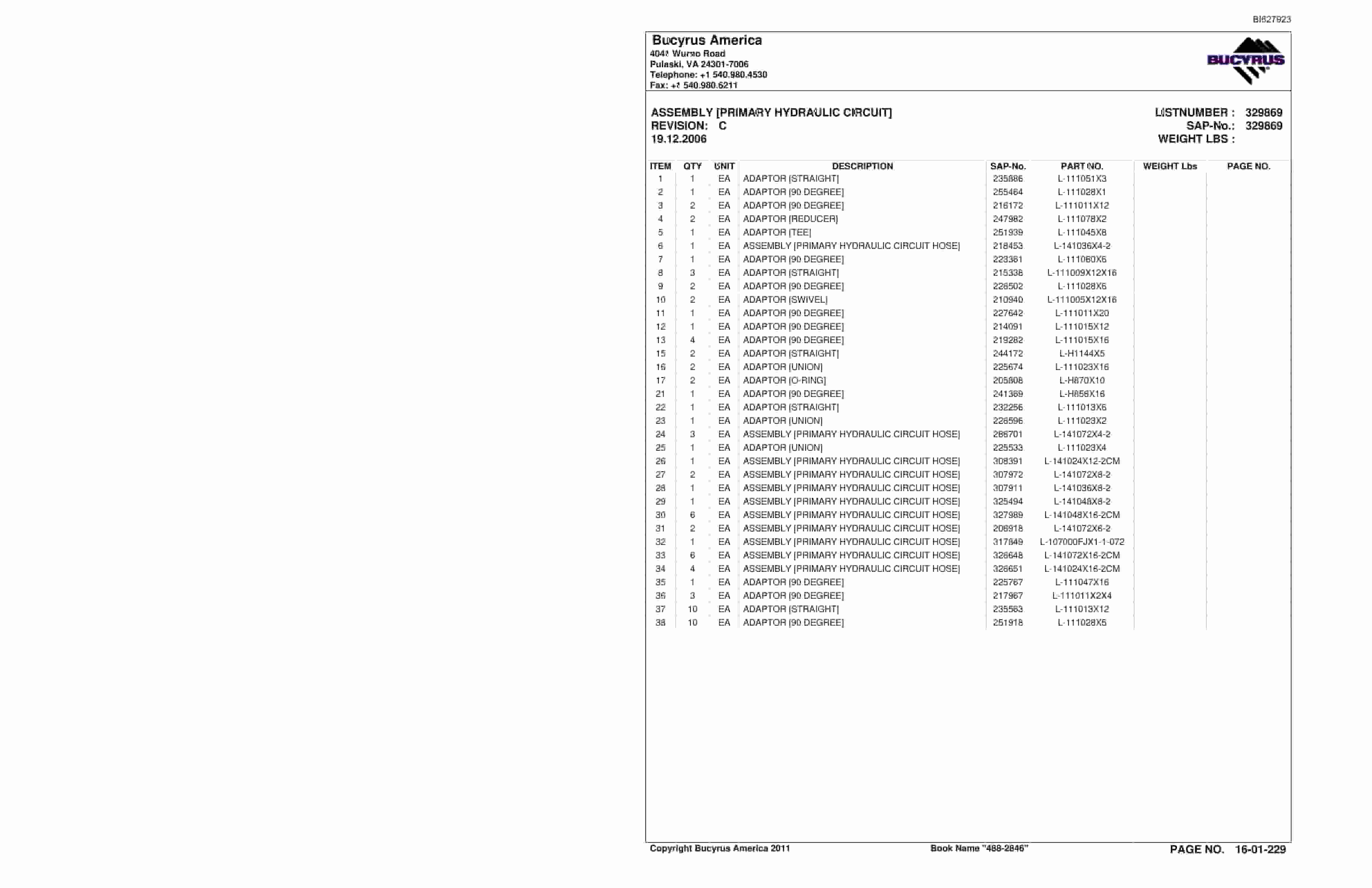 Bucyrus 488-2846 UN-A-TRAC Spare Parts List BI627923-4