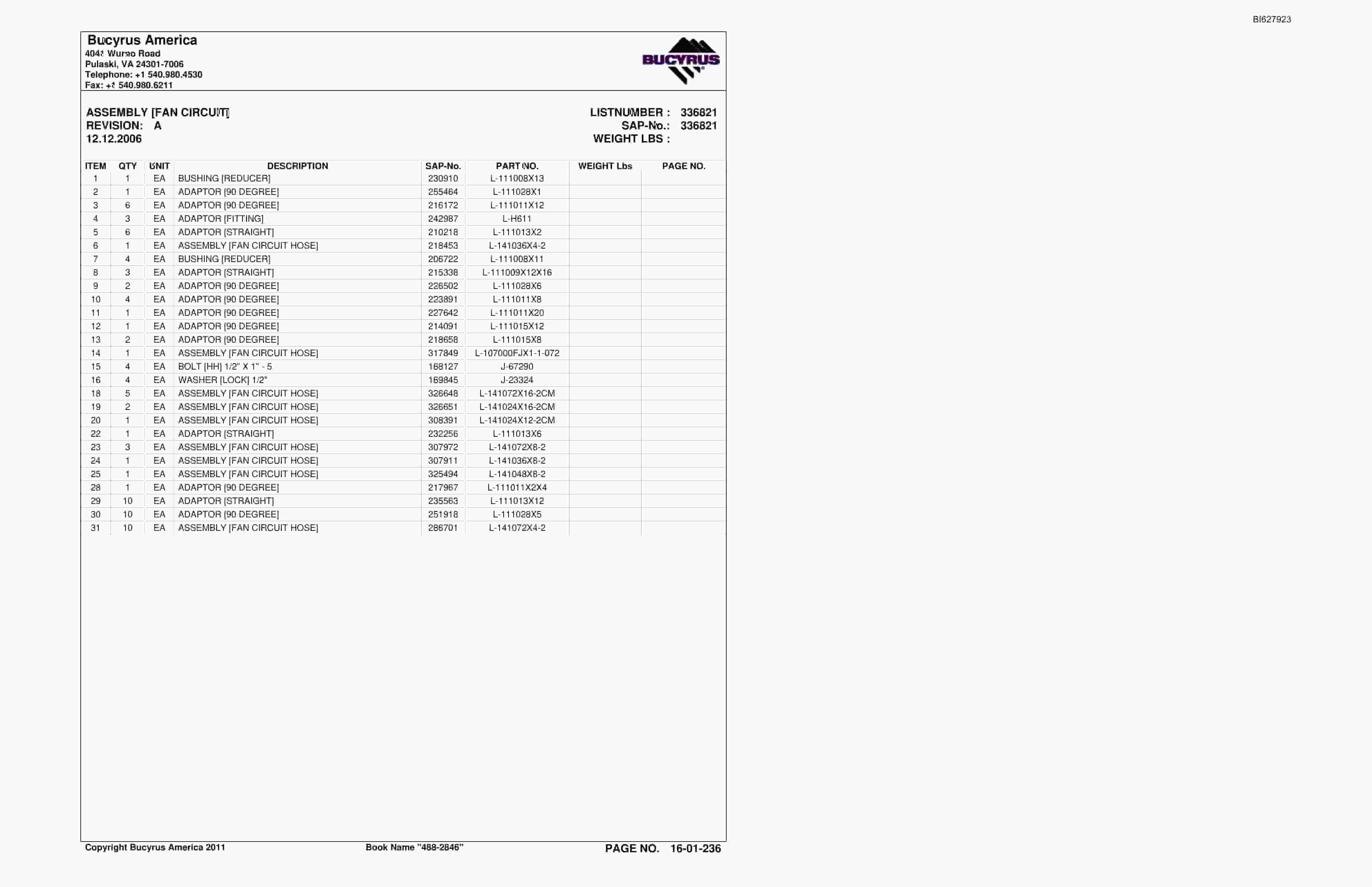Bucyrus 488-2846 UN-A-TRAC Spare Parts List BI627923-5