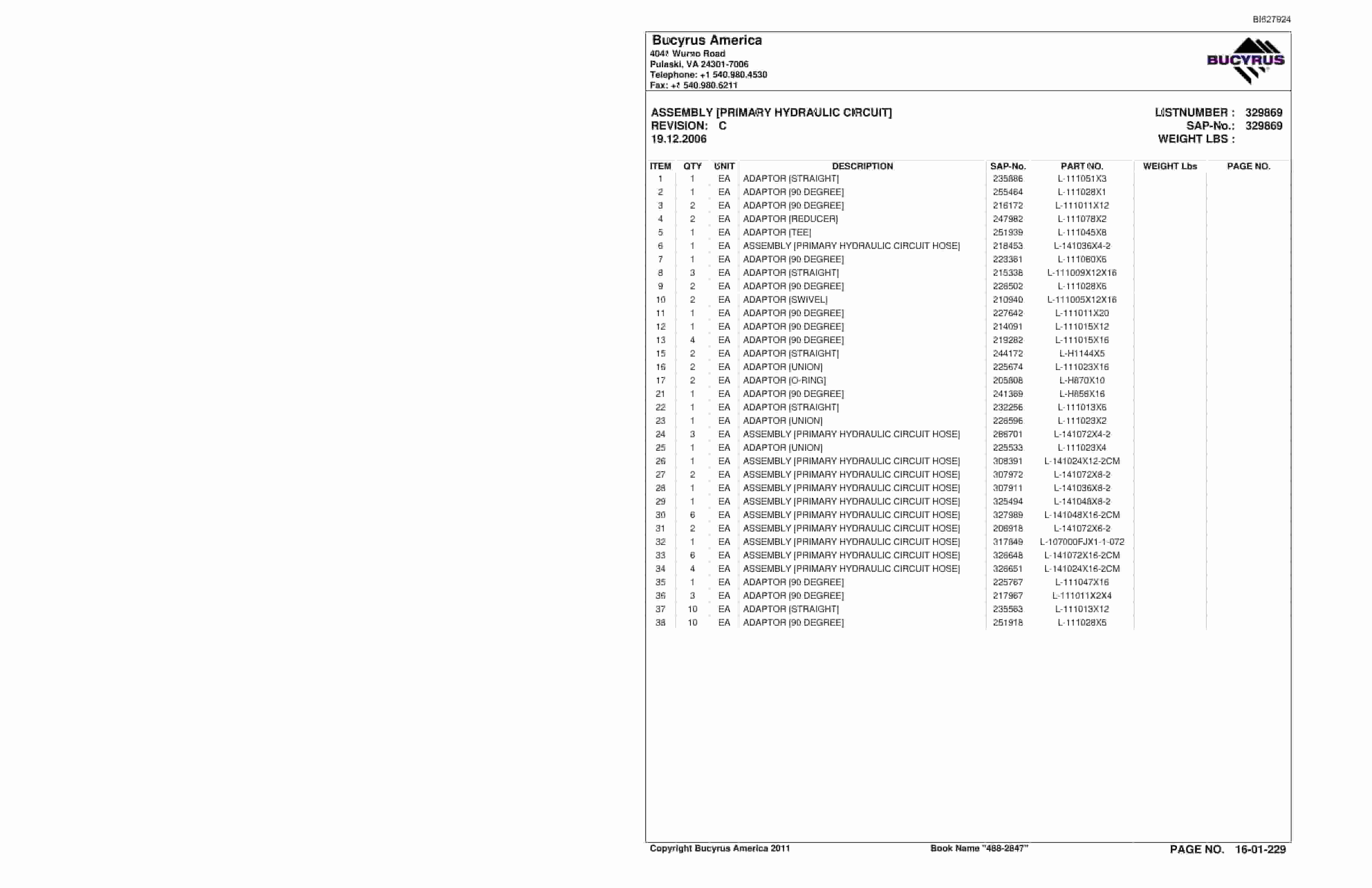 Bucyrus 488-2847 UN-A-TRAC Spare Parts List BI627924-4