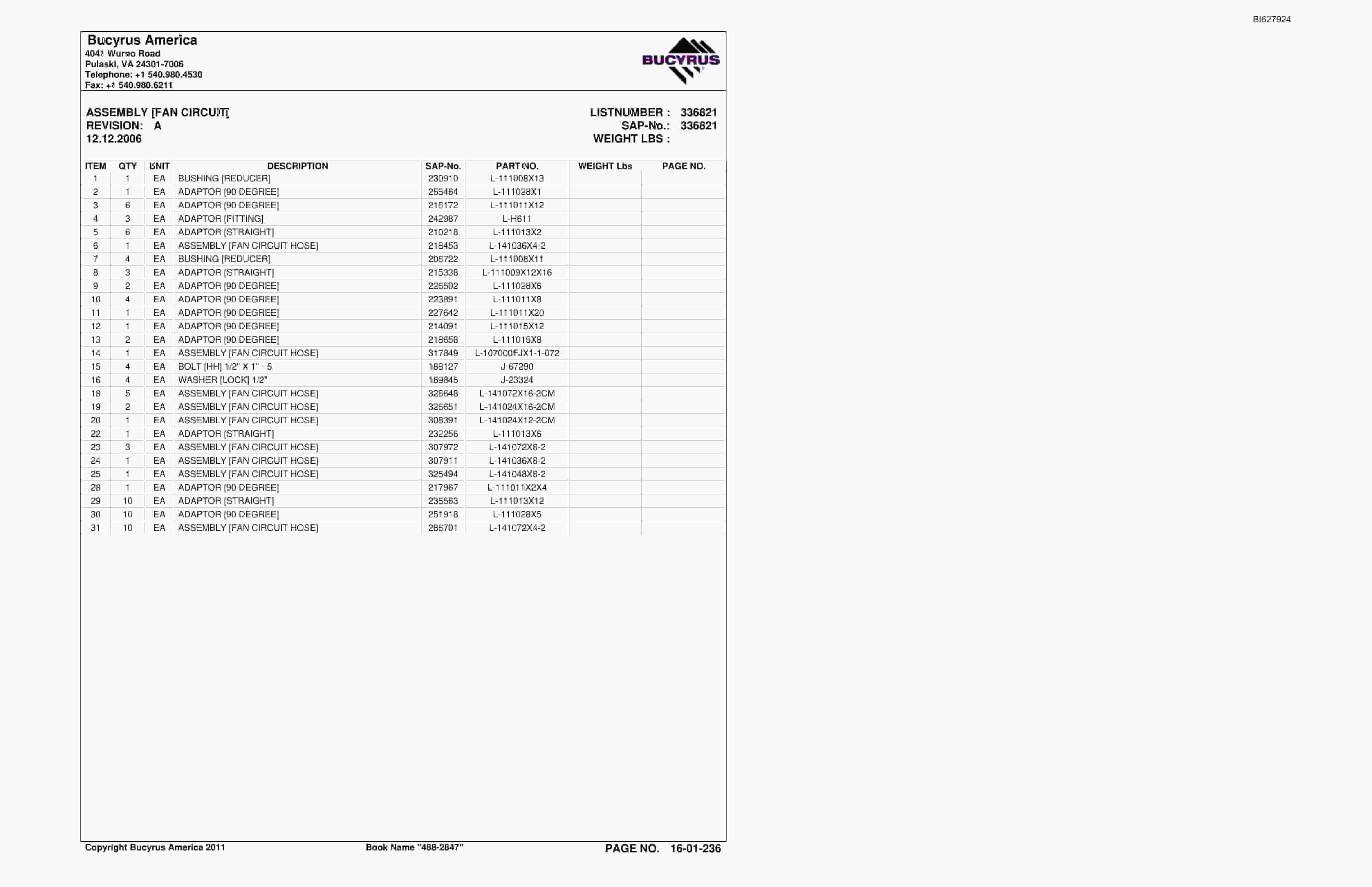 Bucyrus 488-2847 UN-A-TRAC Spare Parts List BI627924-5
