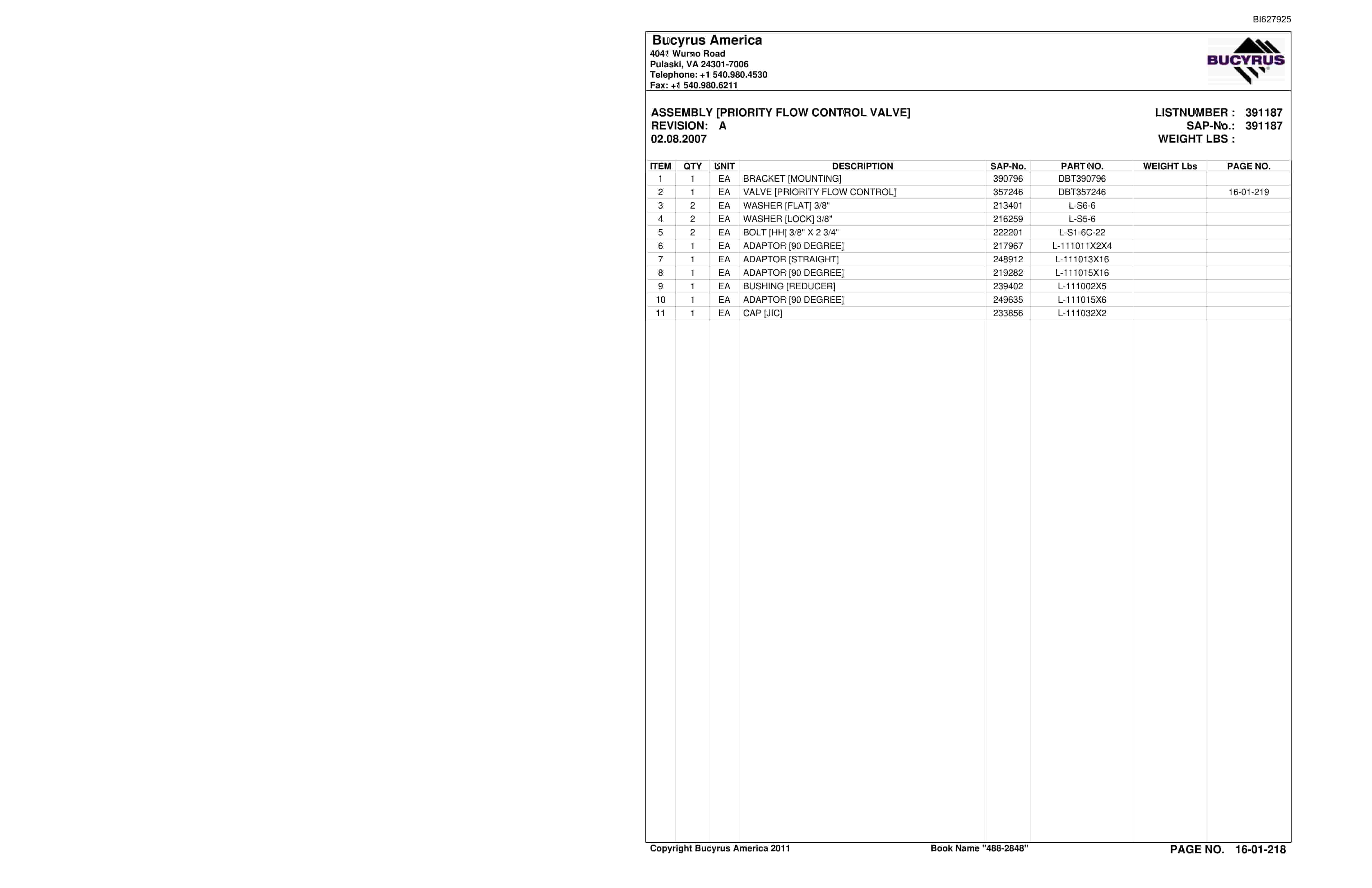 Bucyrus 488-2848 UN-A-TRAC Spare Parts List BI627925-3