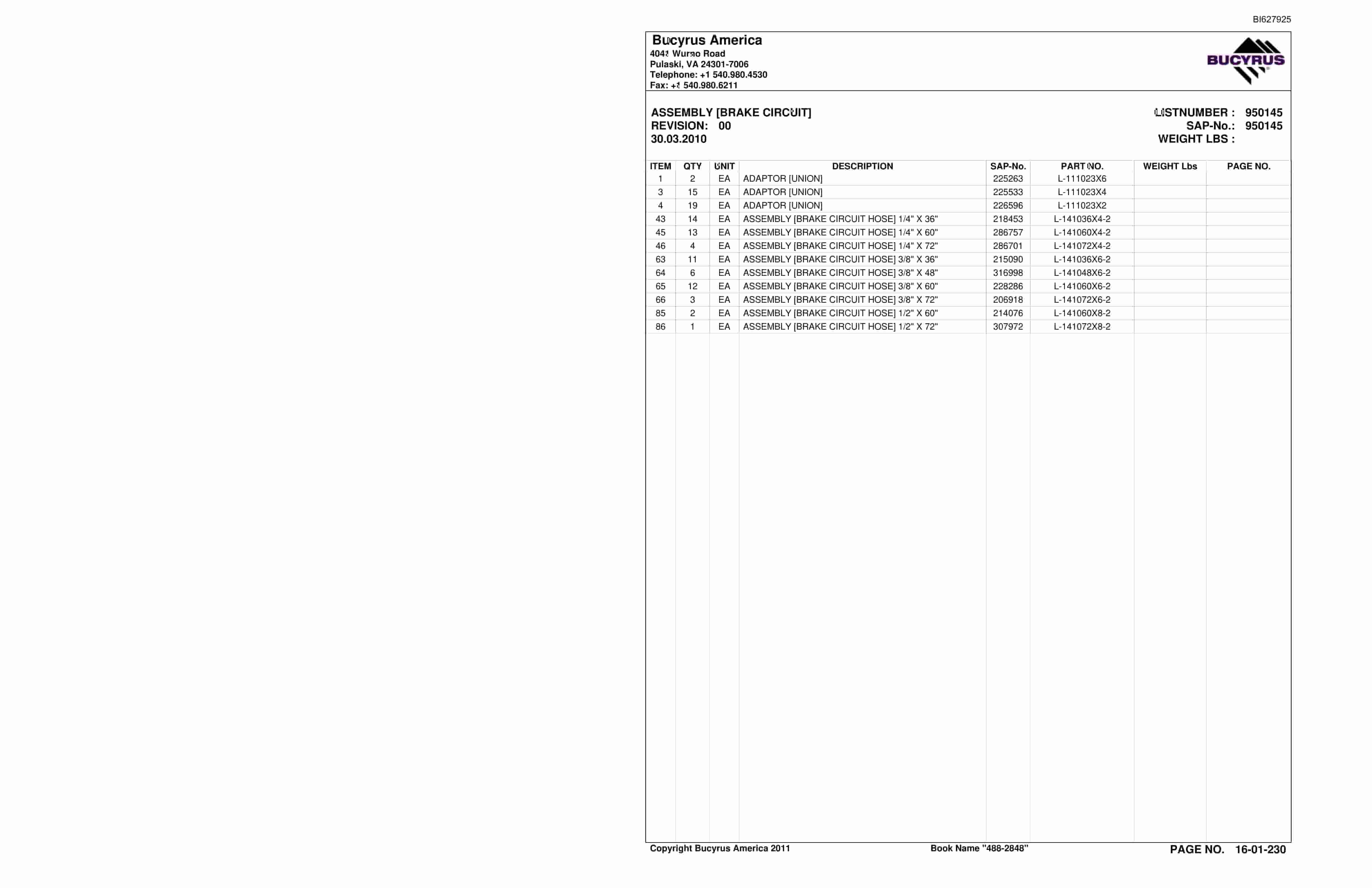 Bucyrus 488-2848 UN-A-TRAC Spare Parts List BI627925-4