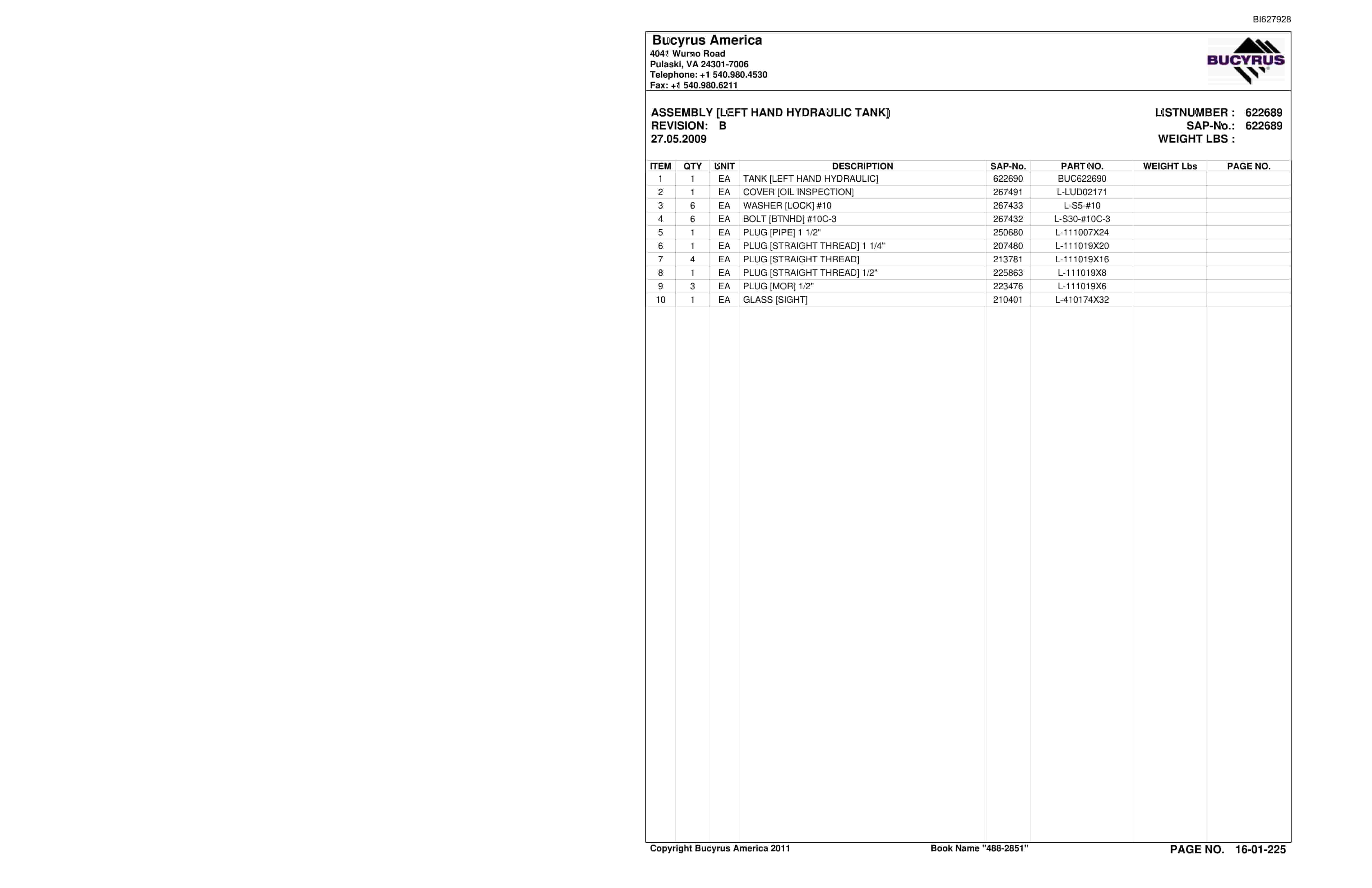 Bucyrus 488-2851 UN-A-TRAC Spare Parts List BI627928-4