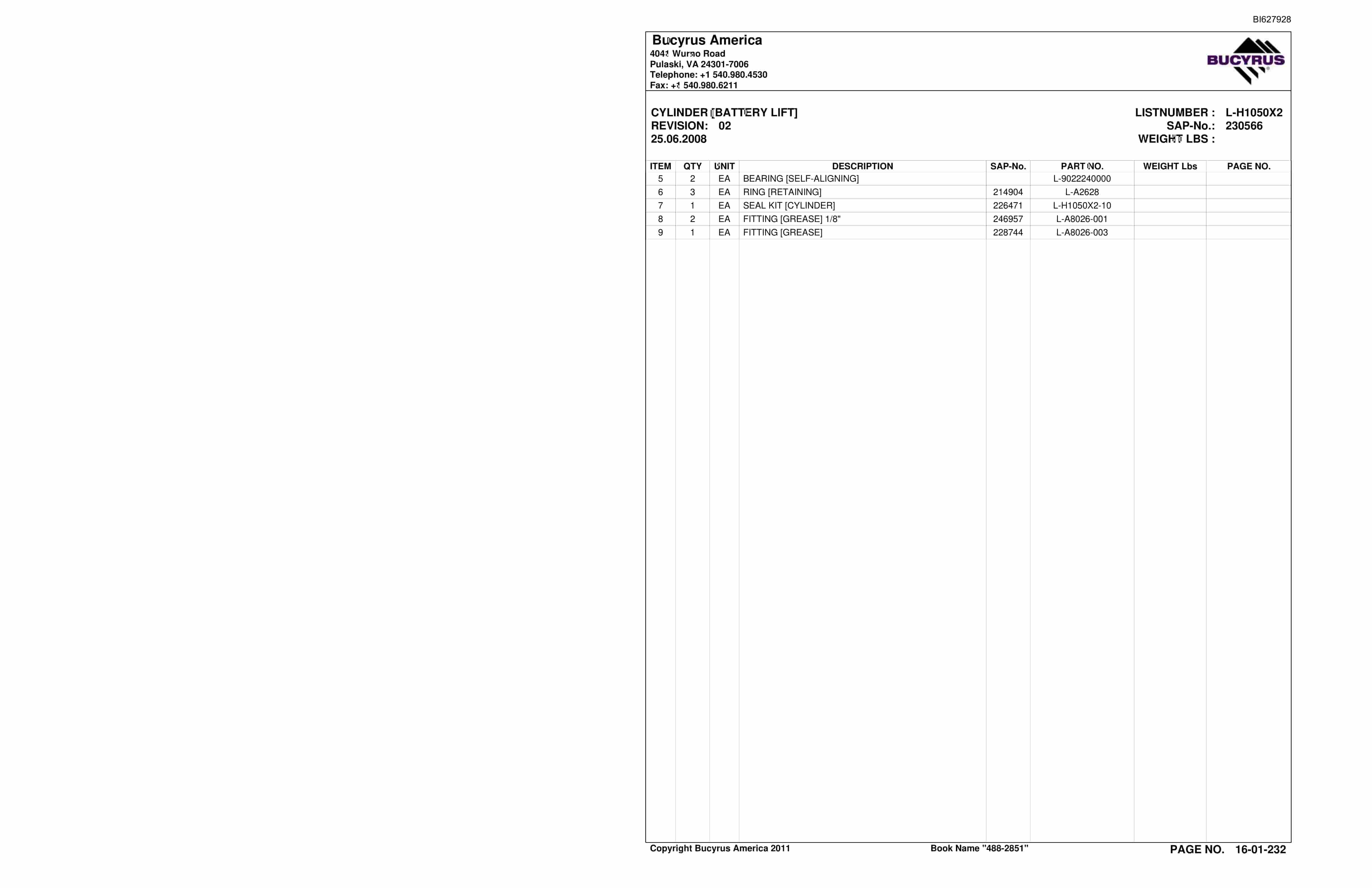 Bucyrus 488-2851 UN-A-TRAC Spare Parts List BI627928-5
