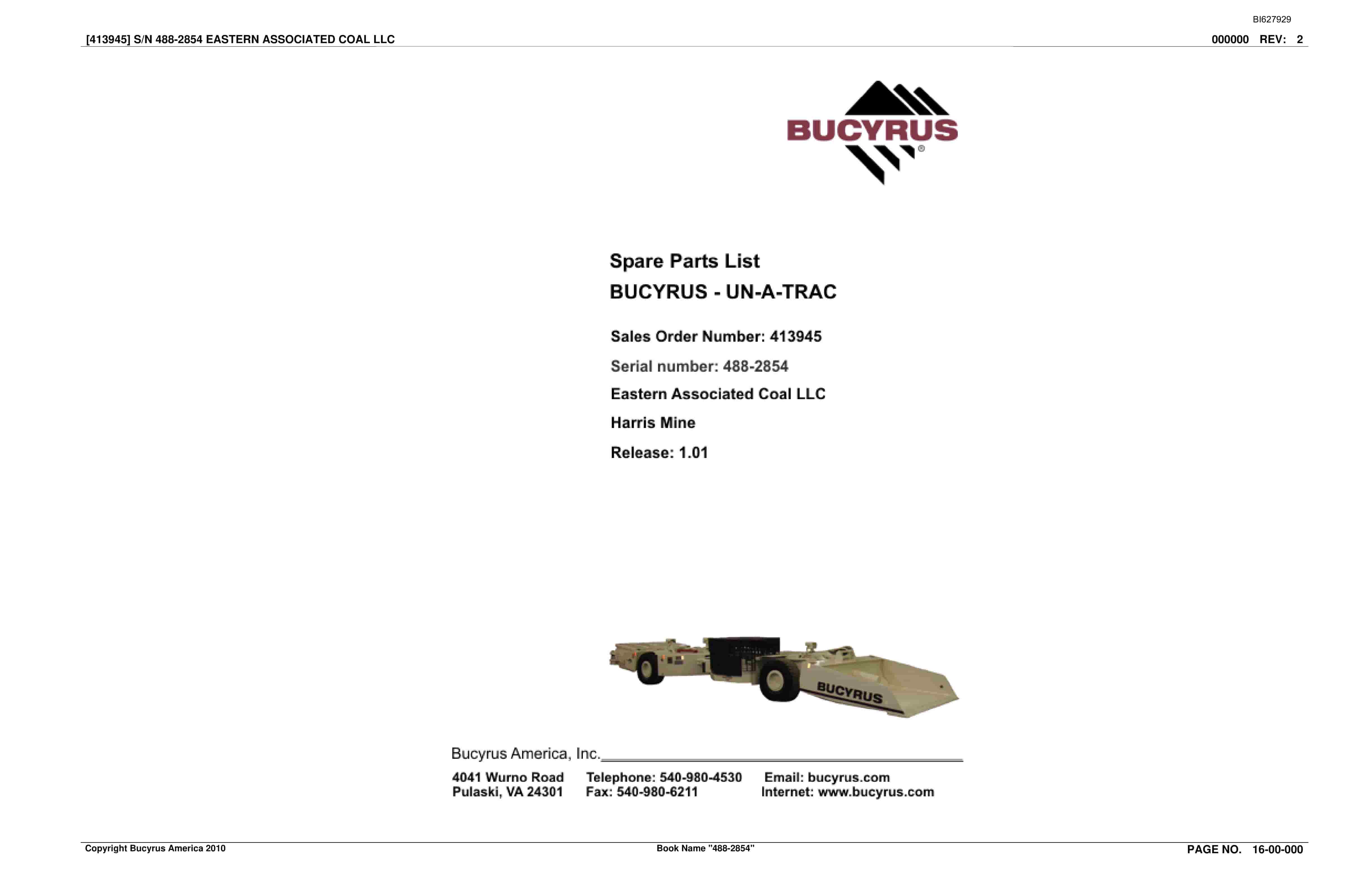 Bucyrus 488-2854 UN-A-TRAC Spare Parts List BI627929