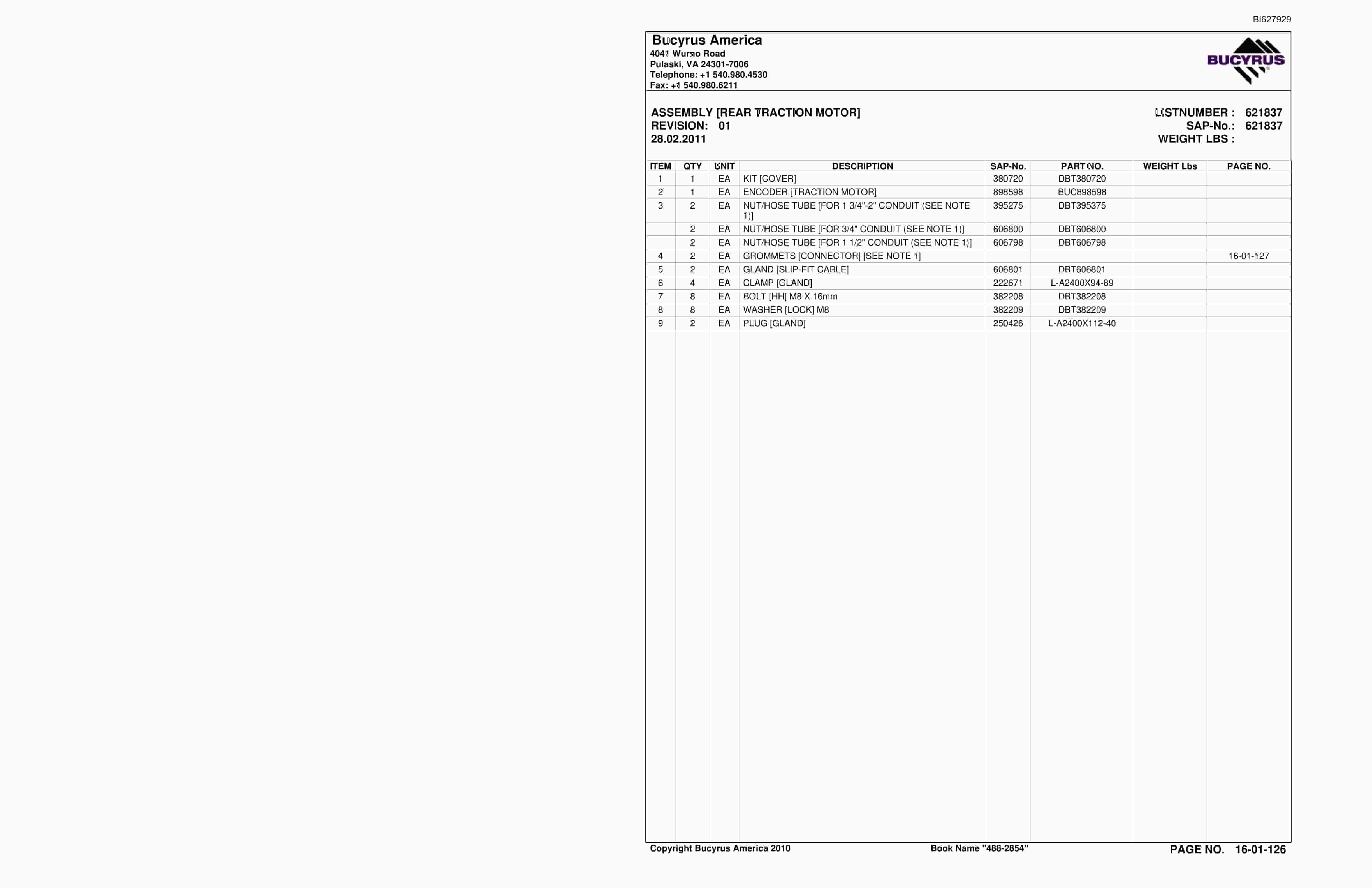 Bucyrus 488-2854 UN-A-TRAC Spare Parts List BI627929-2