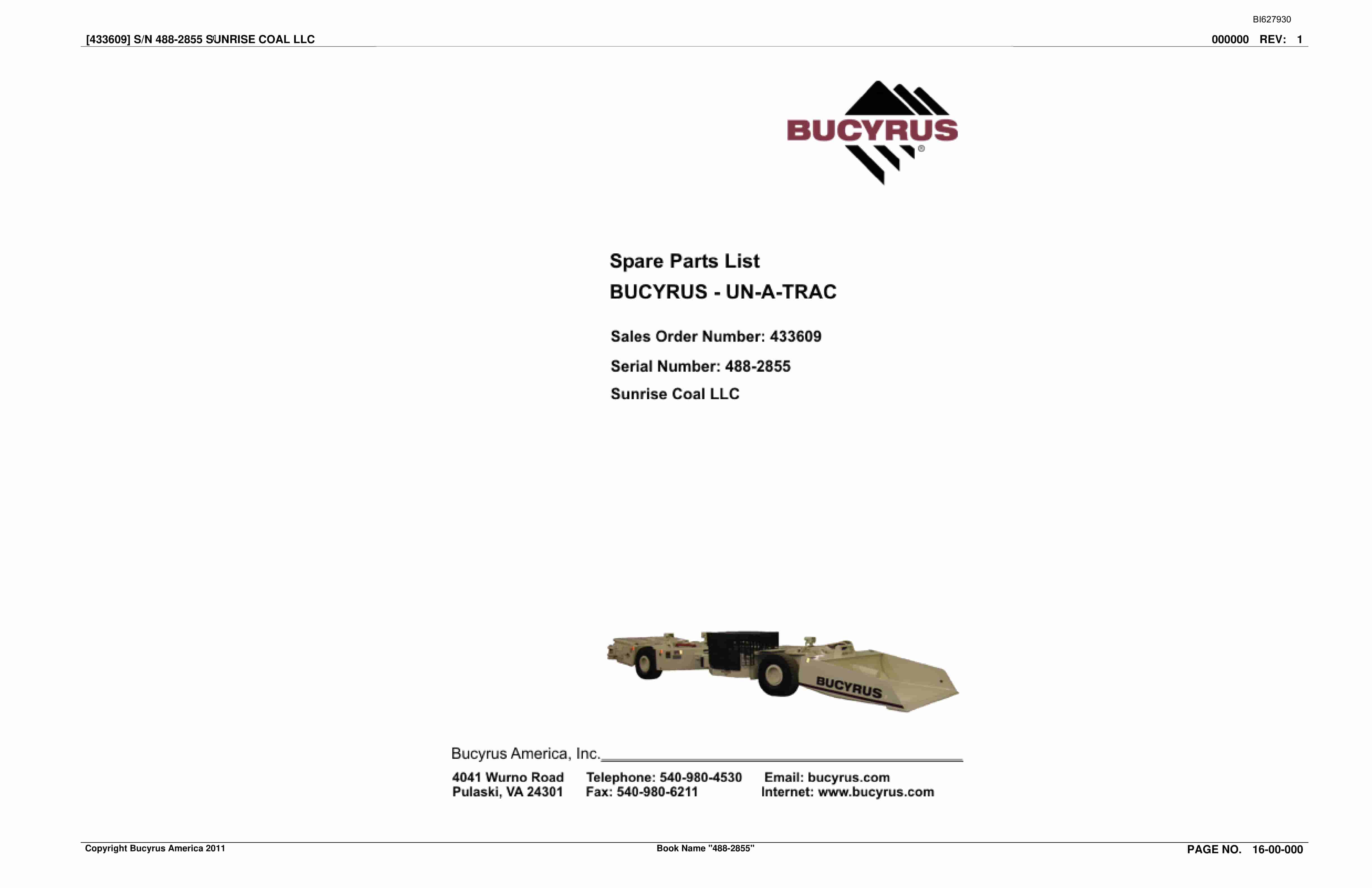 Bucyrus 488-2855 UN-A-TRAC Spare Parts List BI627930