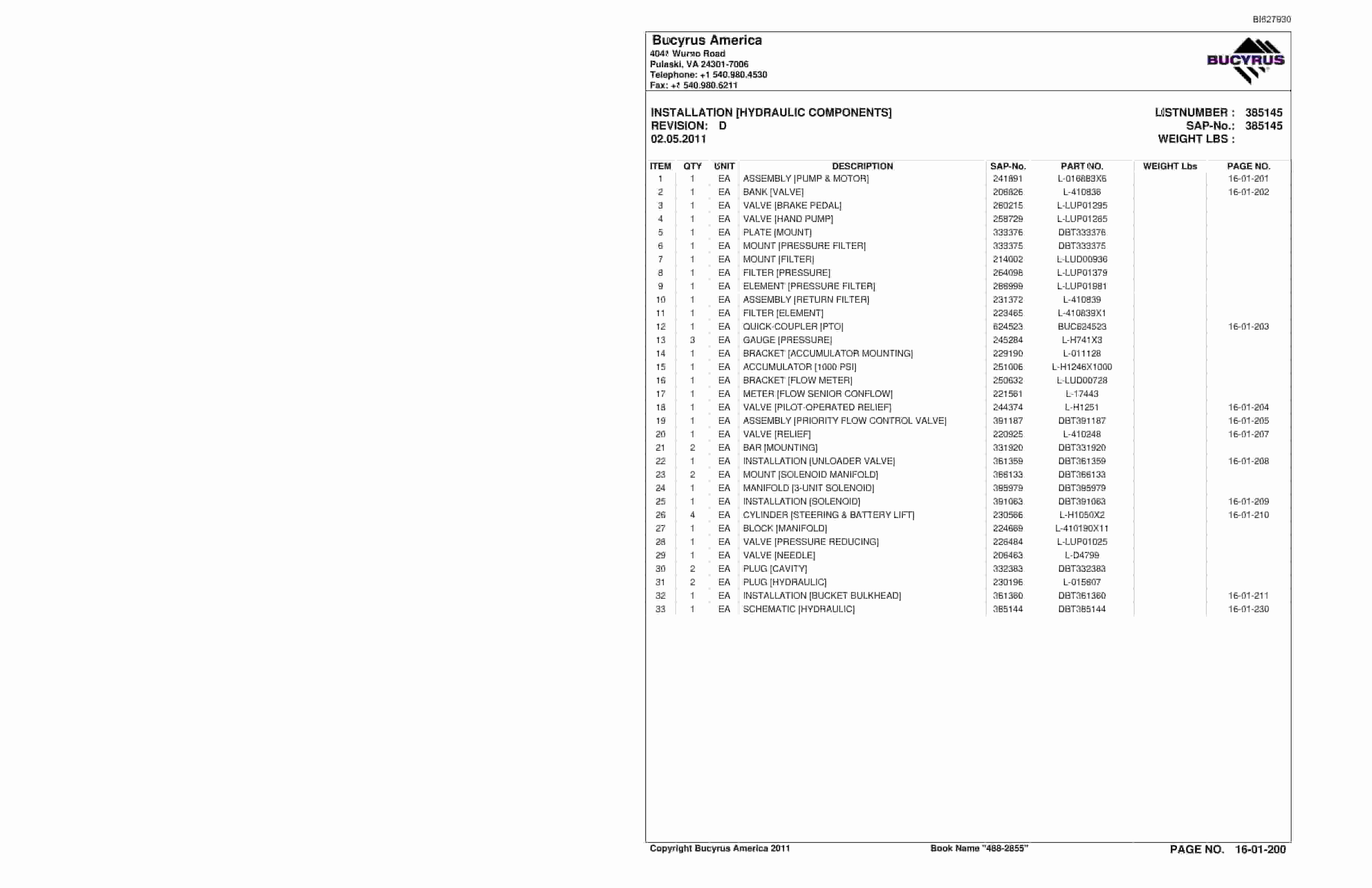 Bucyrus 488-2855 UN-A-TRAC Spare Parts List BI627930-4