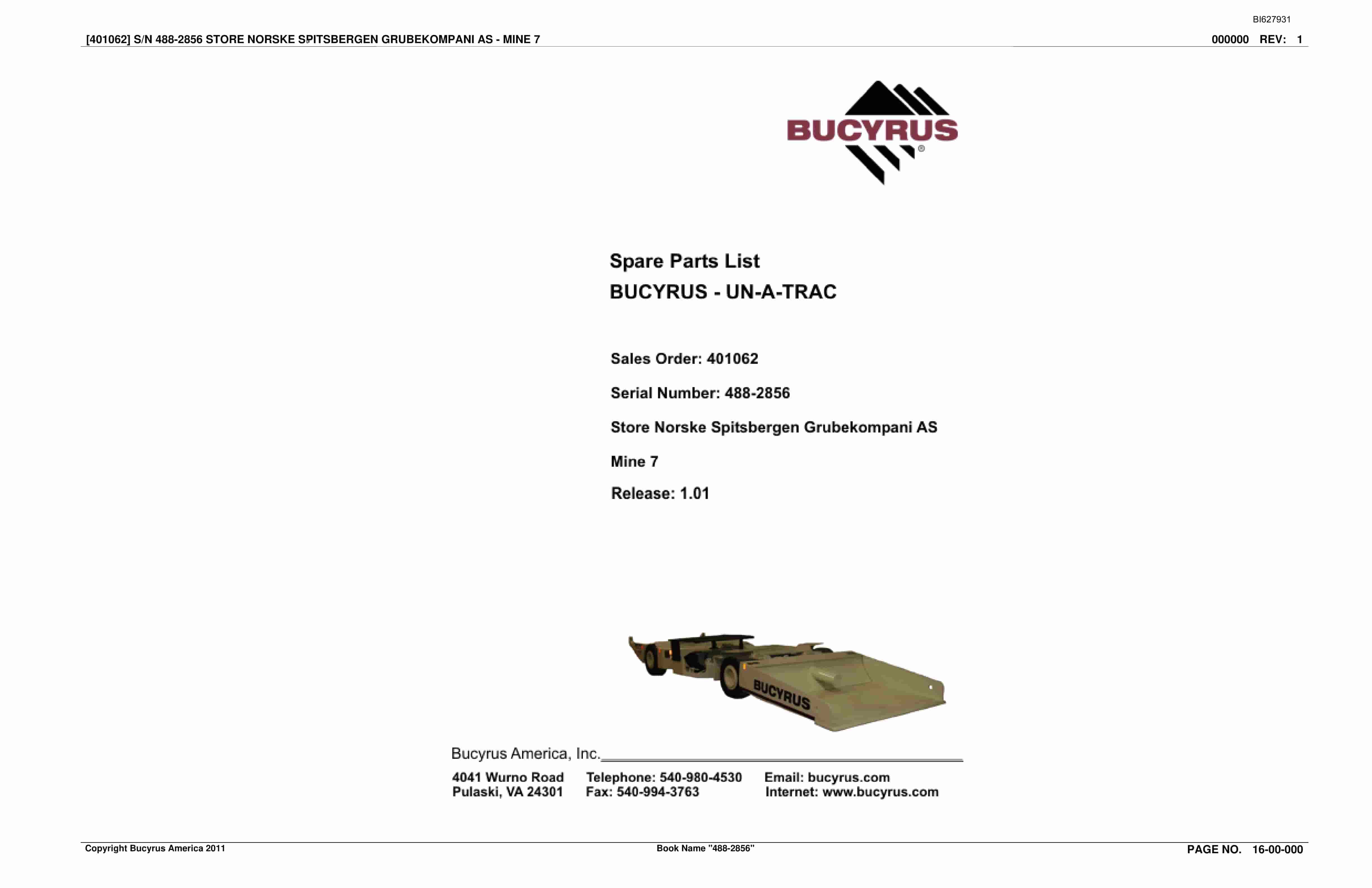 Bucyrus 488-2856 UN-A-TRAC Spare Parts List BI627931