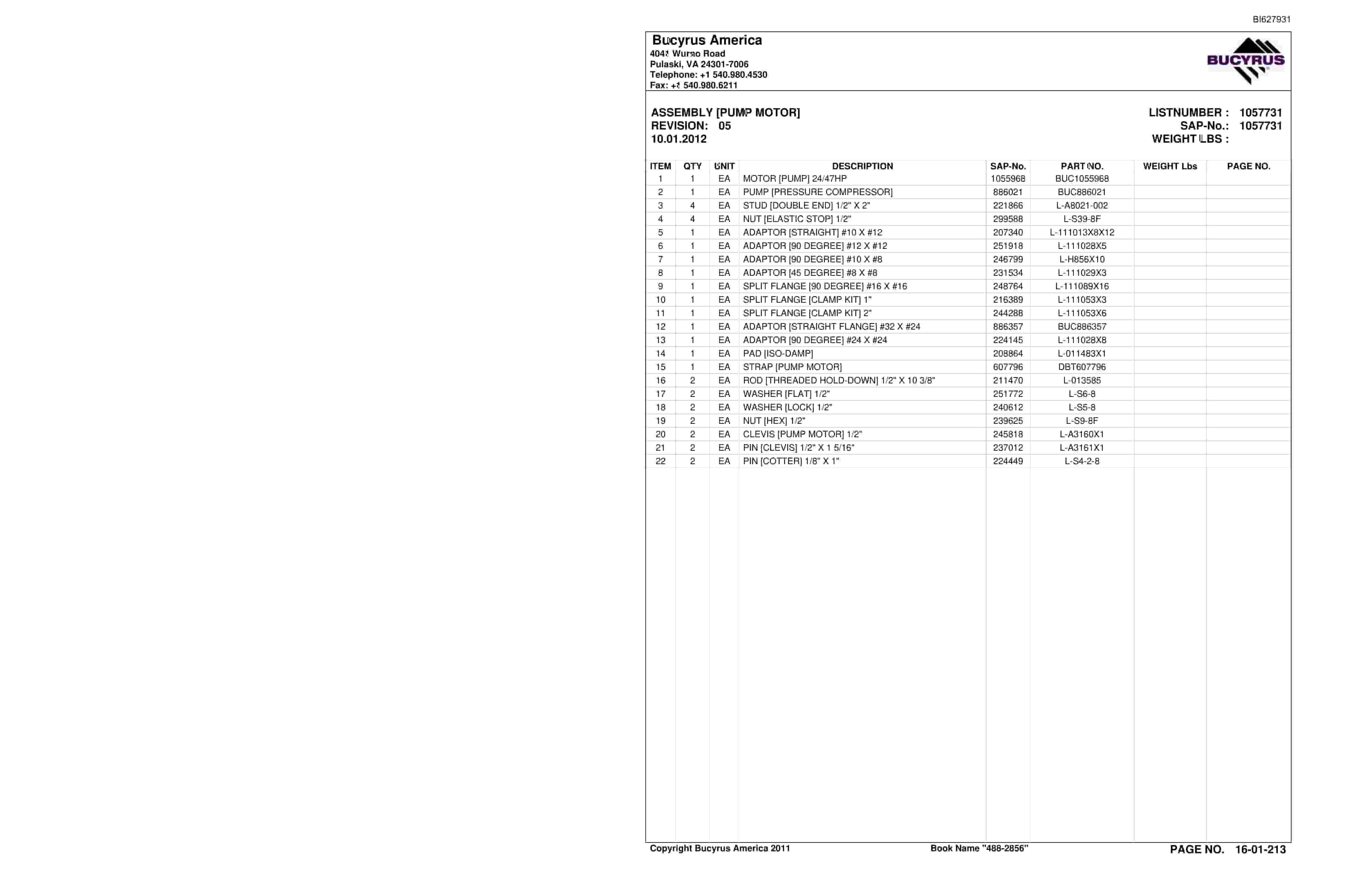 Bucyrus 488-2856 UN-A-TRAC Spare Parts List BI627931-2