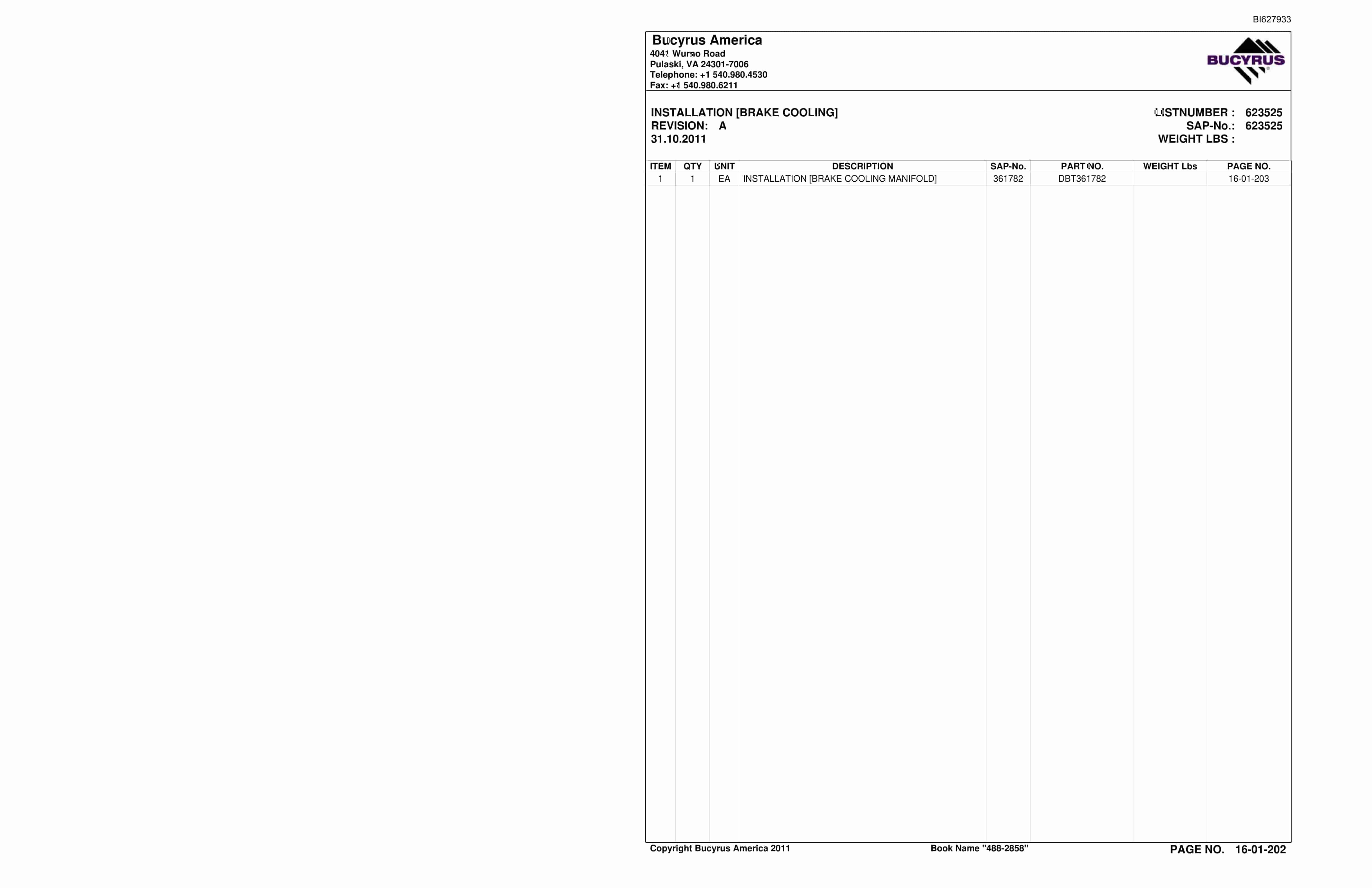 Bucyrus 488-2858 UN-A-TRAC Spare Parts List BI627933-3