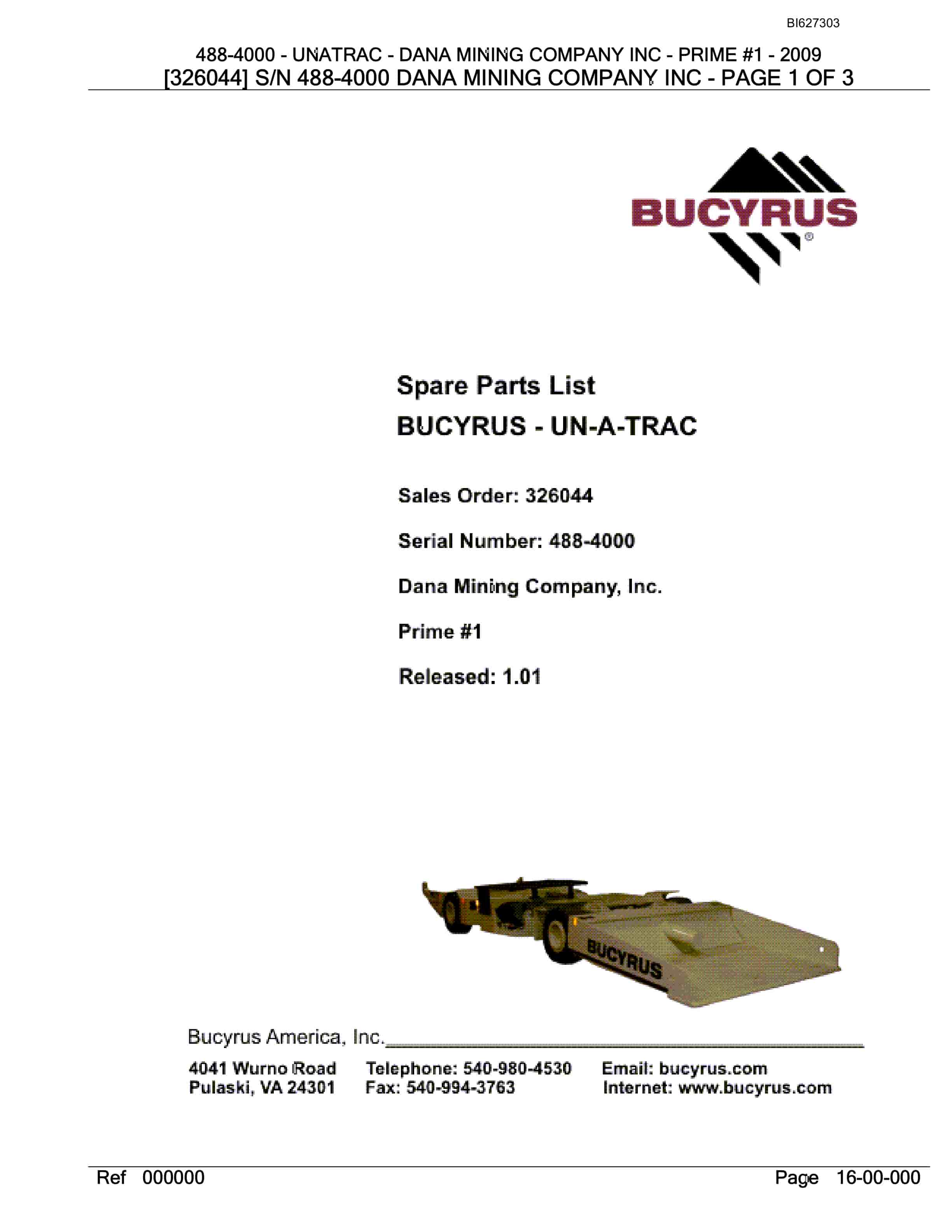 Bucyrus 488-4000 UN-A-TRAC Spare Parts List BI627303