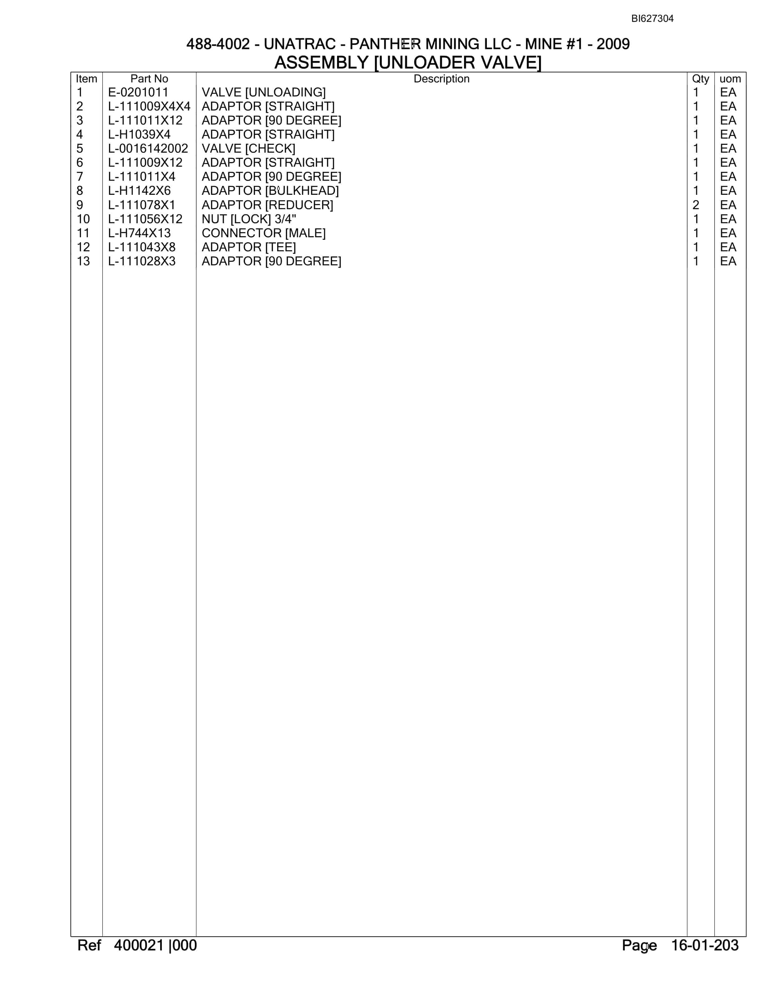 Bucyrus 488-4002 UN-A-TRAC Spare Parts List BI627304-3
